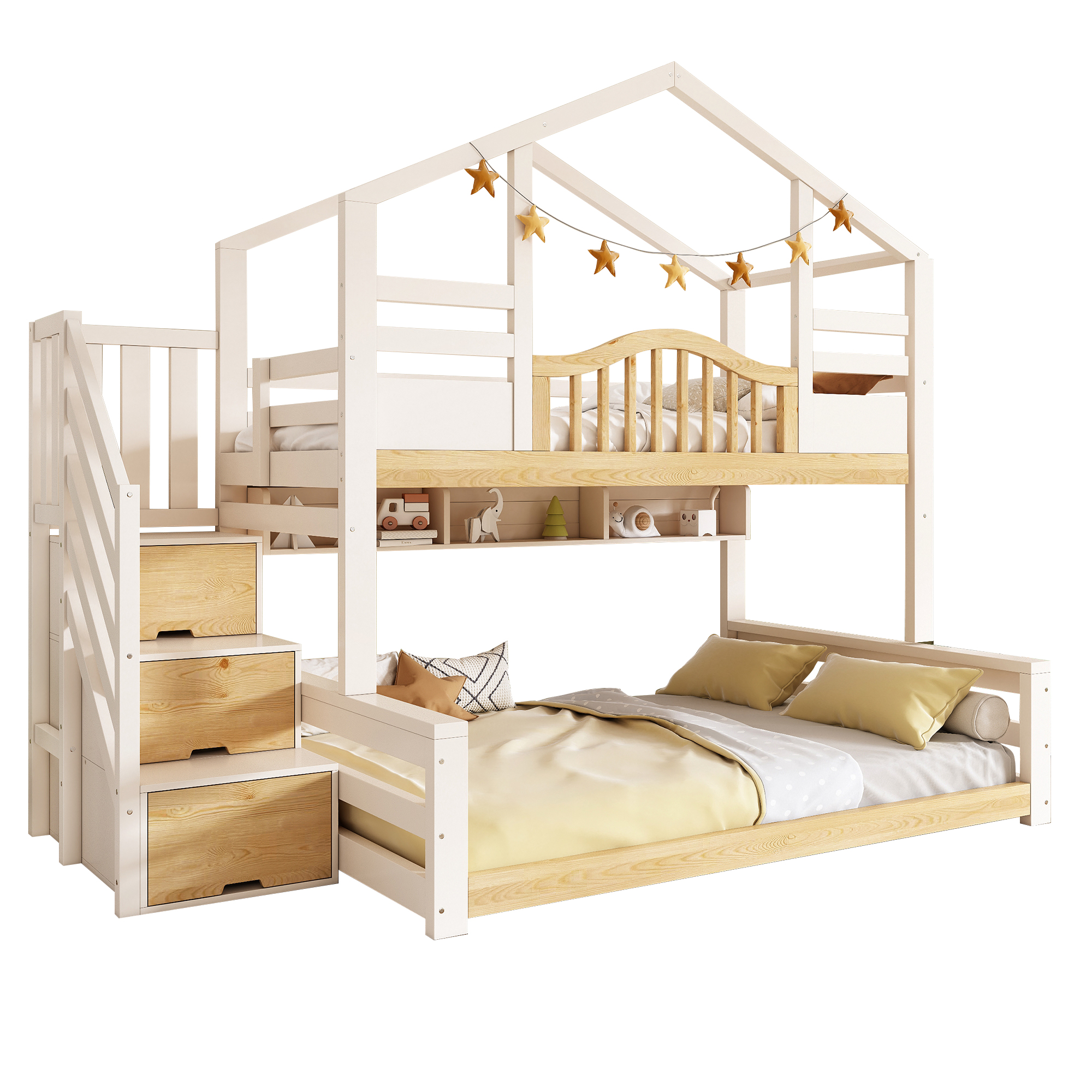 Lit superposé avec éclairage LED, port USB / Type-C, rangements intégrés, blanc et bois - points forts 1
