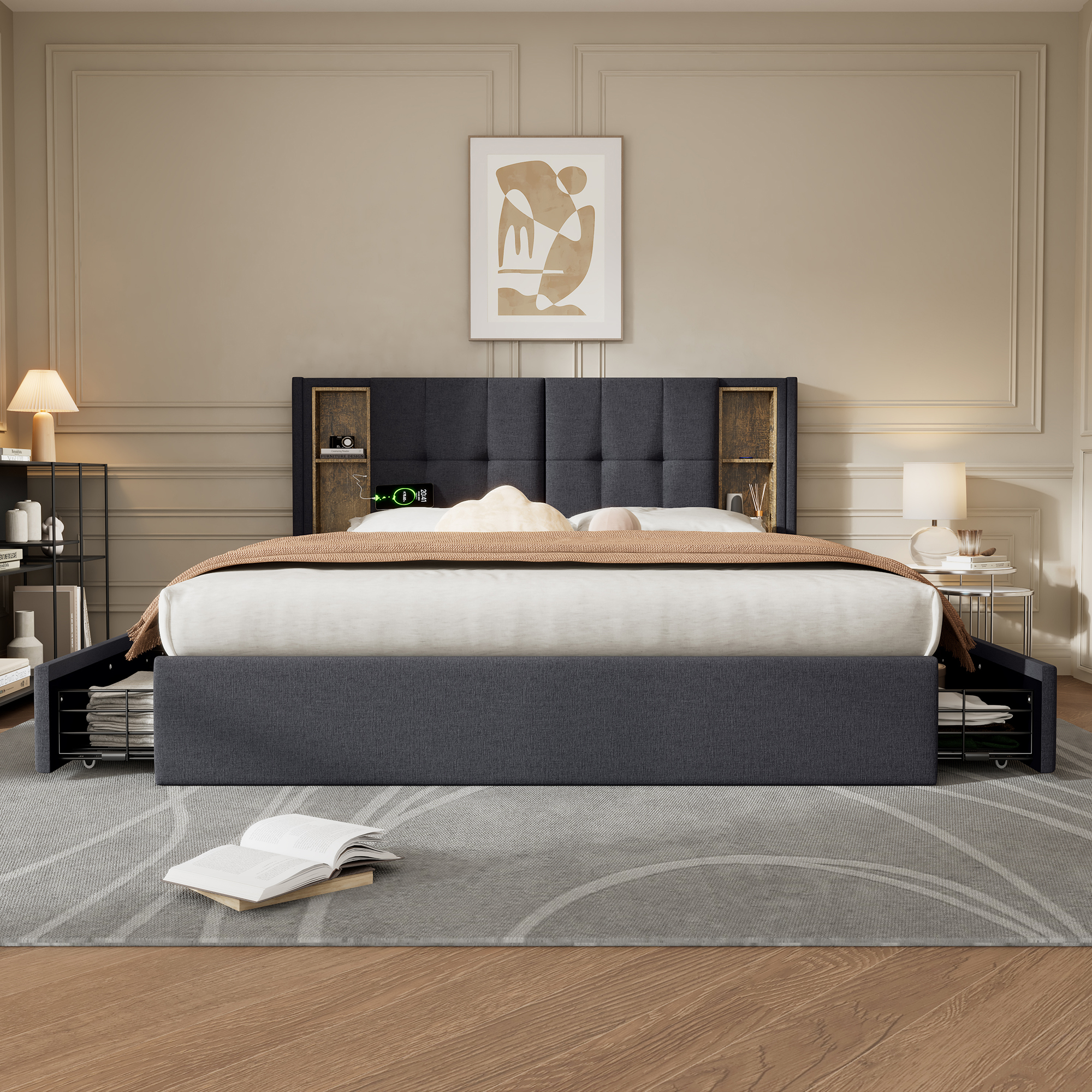 détail tête‑de‑lit compartiments et station de recharge sans‑fil