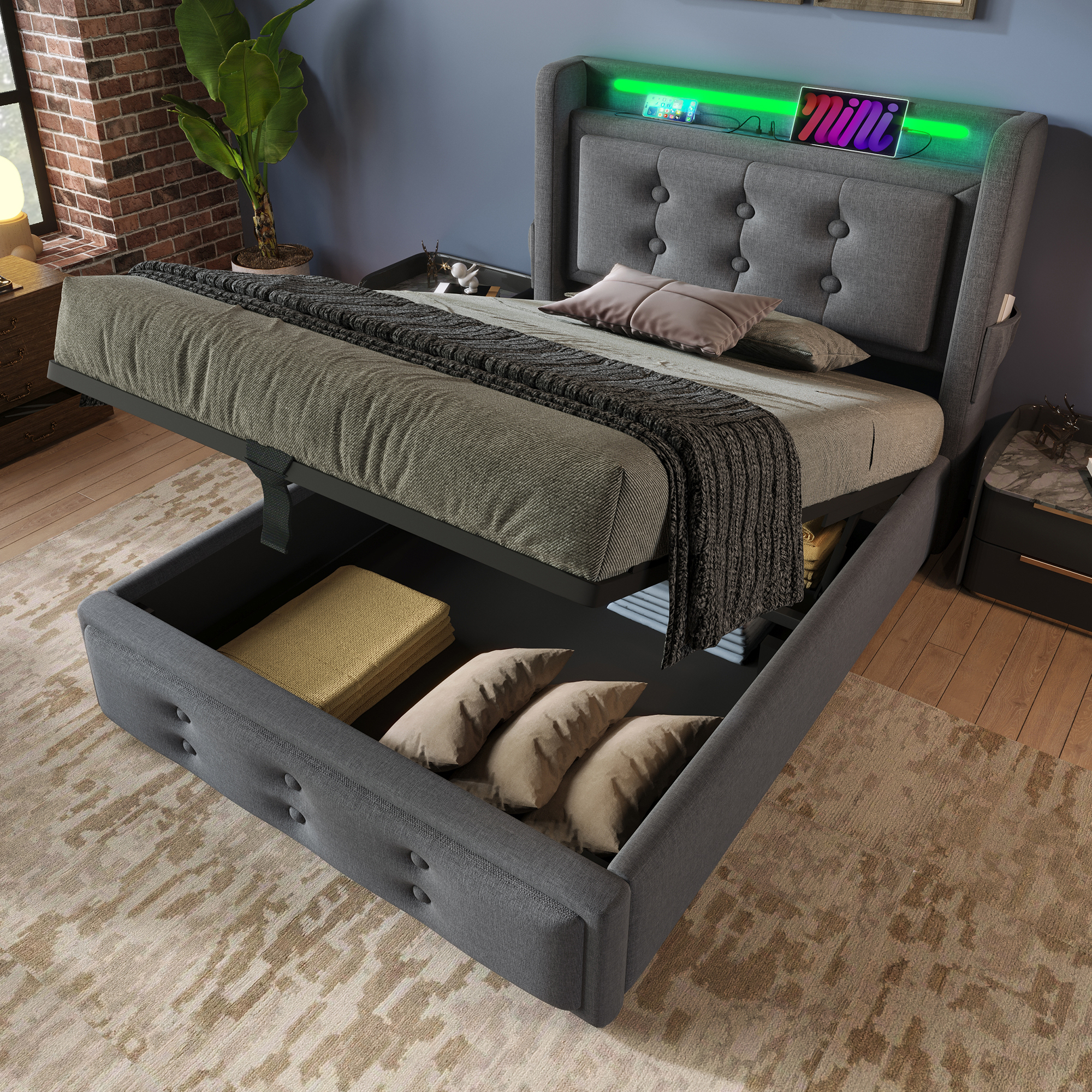 Polsterbett 90x200, Einzelbett mit Led-Kopfteil un