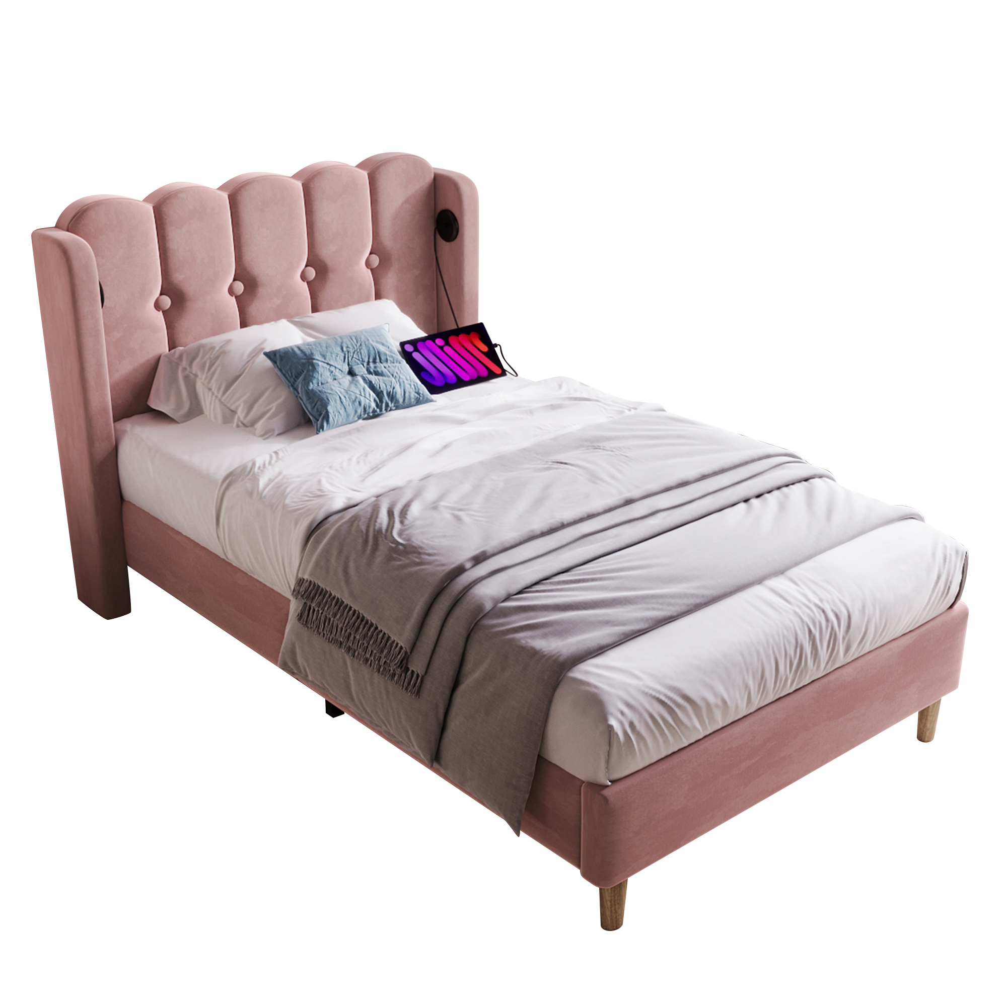 Matelas 406 ressorts + 2 mousses certifiée Oeko-Tex, lit avec tête de lit design panneau en velours rose, style rustique chaleureux, pour chambre, sommeil confortable, couleur rose clair, design élégant - image 2