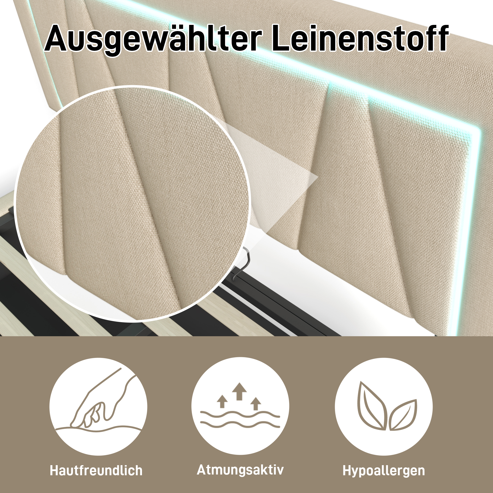 Polsterbett LED Doppelbett mit USB Typ C Ladefunkt
