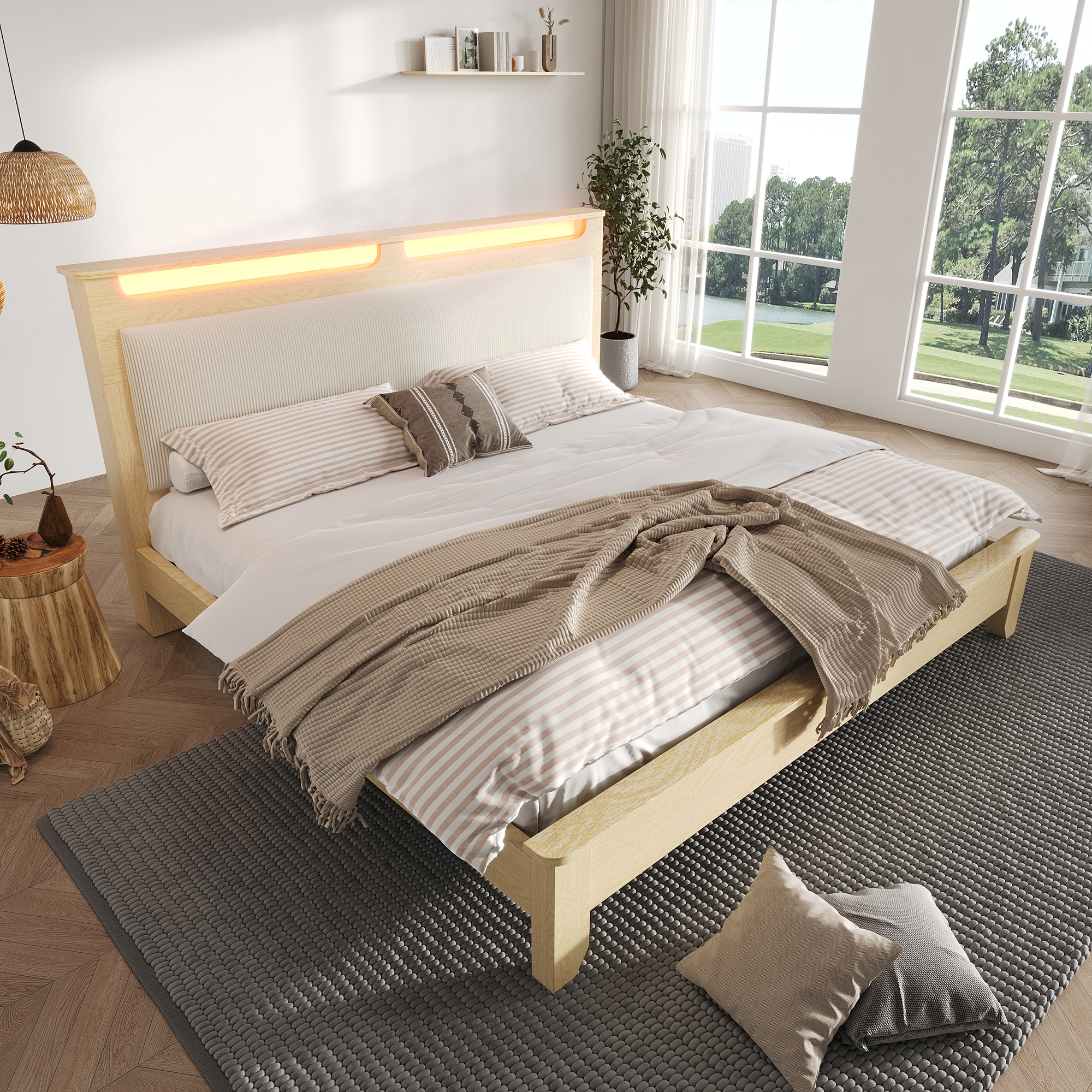 Lit, éclairage LED, tête de lit, 180 x 200 cm, velours côtelé, beige - vue 5
