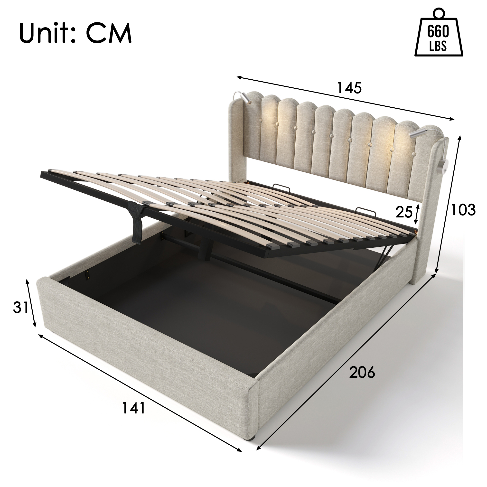 Polsterbett Doppelbett Leselicht mit Ladefunktion 