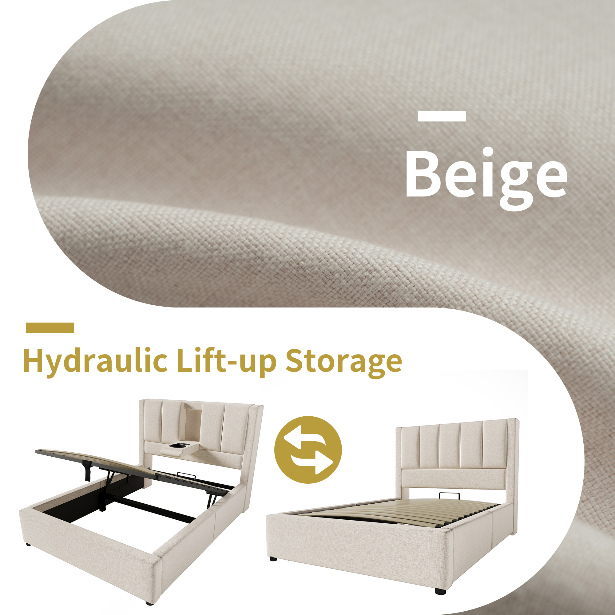 Présentation de Lit coffre rembourré en lin 90 x 200 cm avec rangement hydraulique, ports USB-C, porte-gobelet et sommier à lattes, Beige, sans matelas