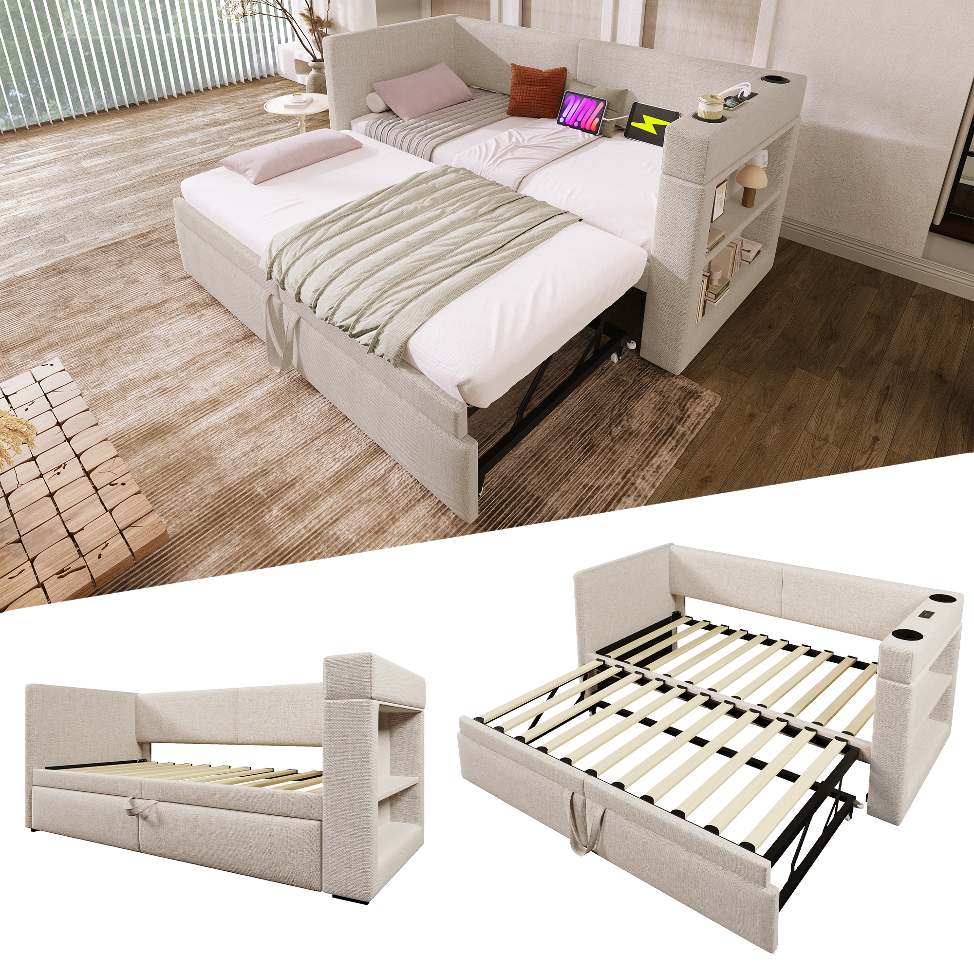 Lit banquette 90x200 cm beige avec lit gigogne, ports USB et porte-gobelets
