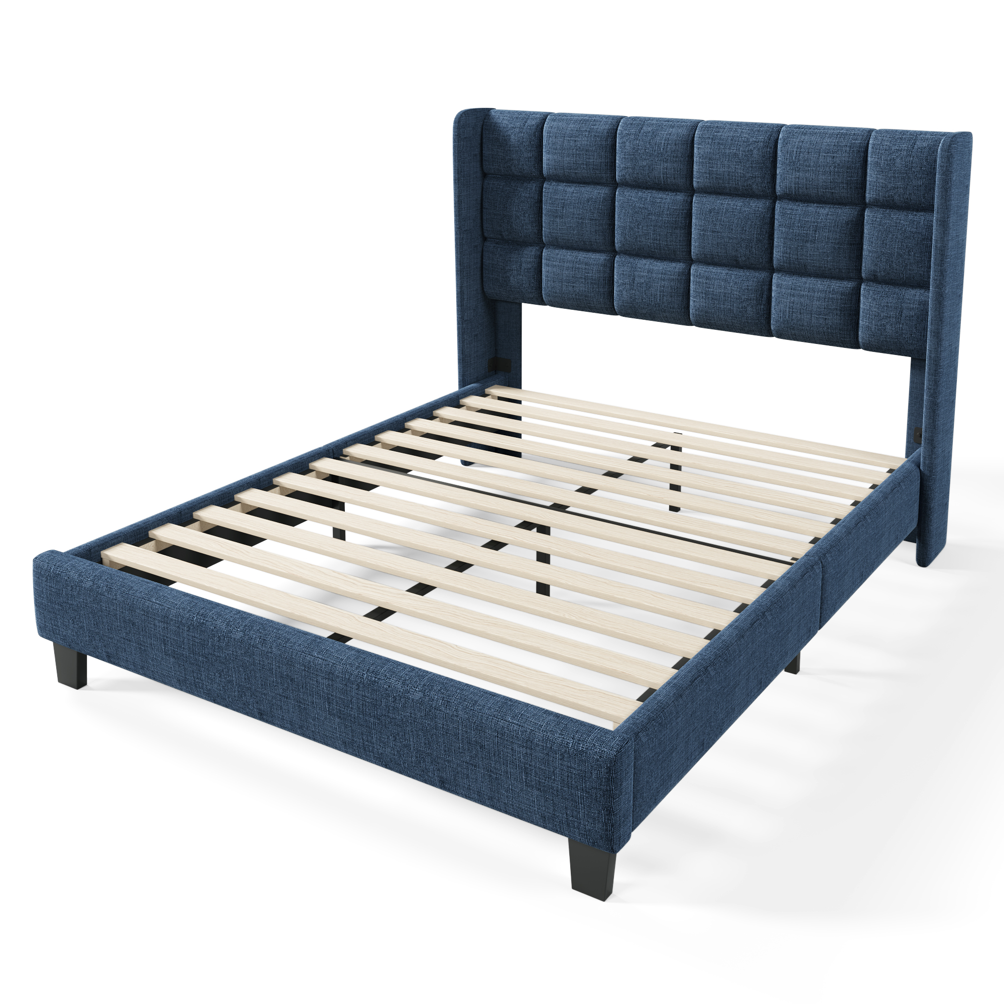 Lit rembourré classique en tissu bleu, tête de lit haute, pieds noirs, sommier à lattes bois inclus, design élégant intemporel, pour chambre, soutien confortable, lecture et repos, qualité durable - image 1