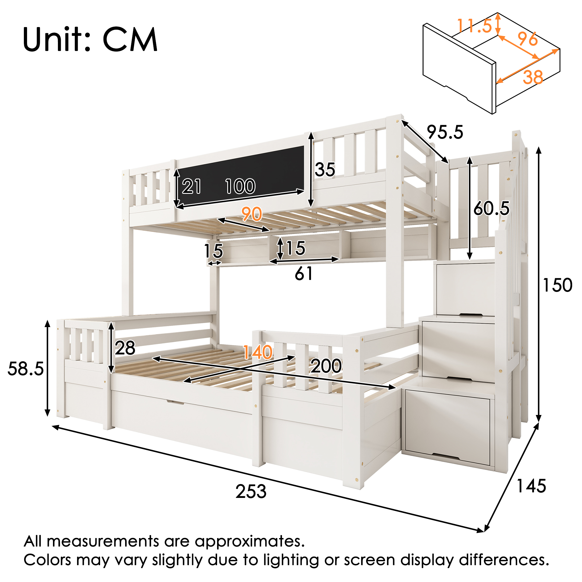 Lit mezzanine avec éclairage LED, rangements intégrés, roulettes, blanc - vue complémentaire 1