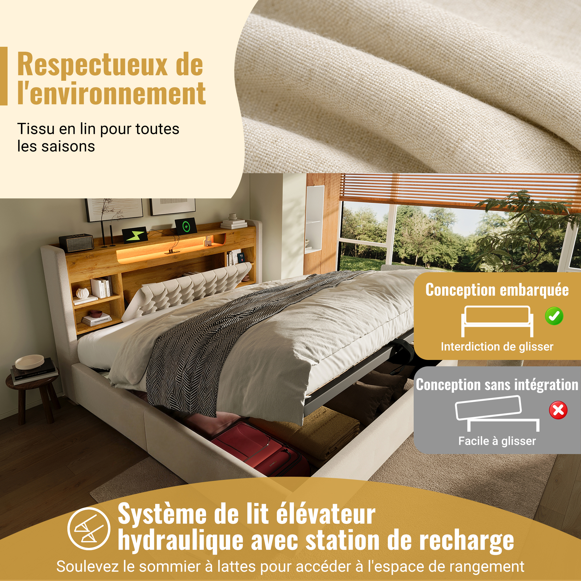 Coffre hydraulique sous le couchage