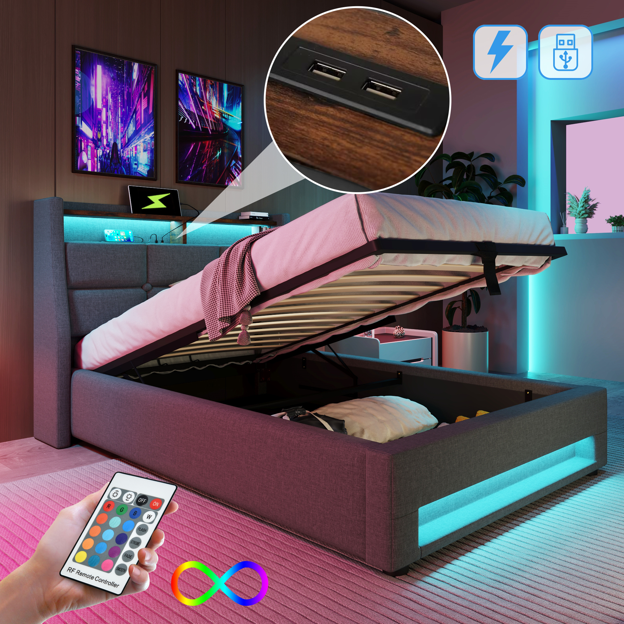 Polsterbett mit USB 90x200cm,LED  Einzelbett  mit 