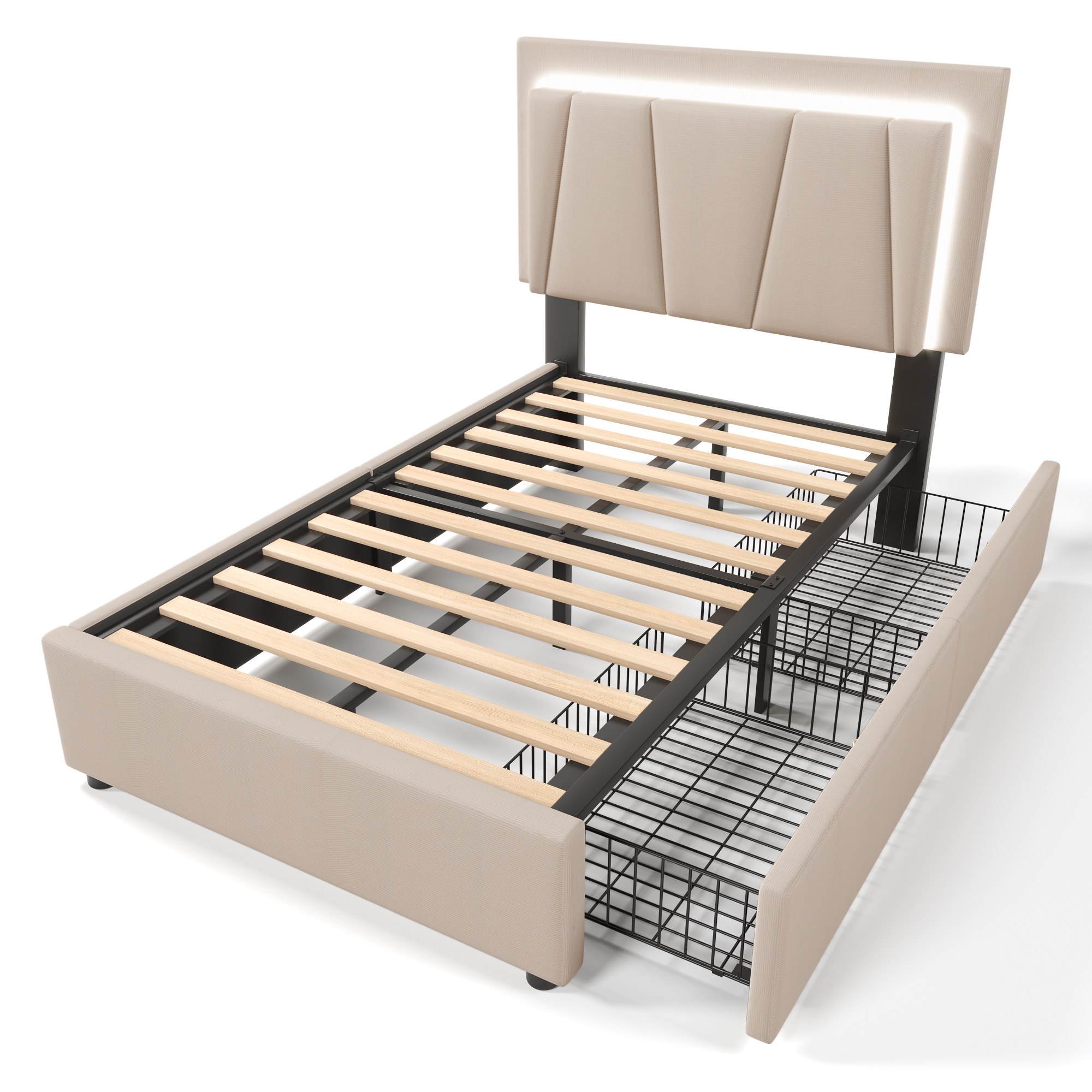 Polsterbett mit LED-Beleuchtung und 2 Schubladen,H