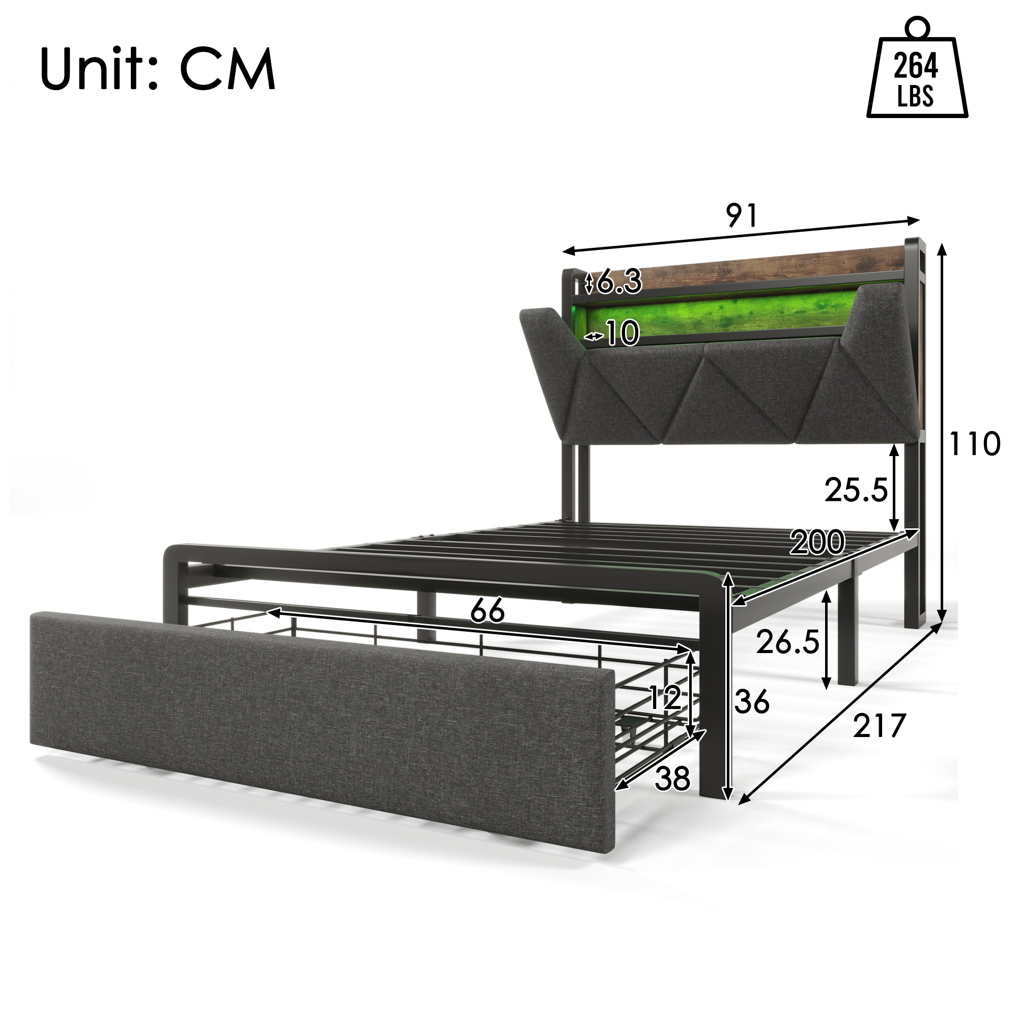 Polsterbett mit USB Typ C Ladefunktion Stauraum-Ko