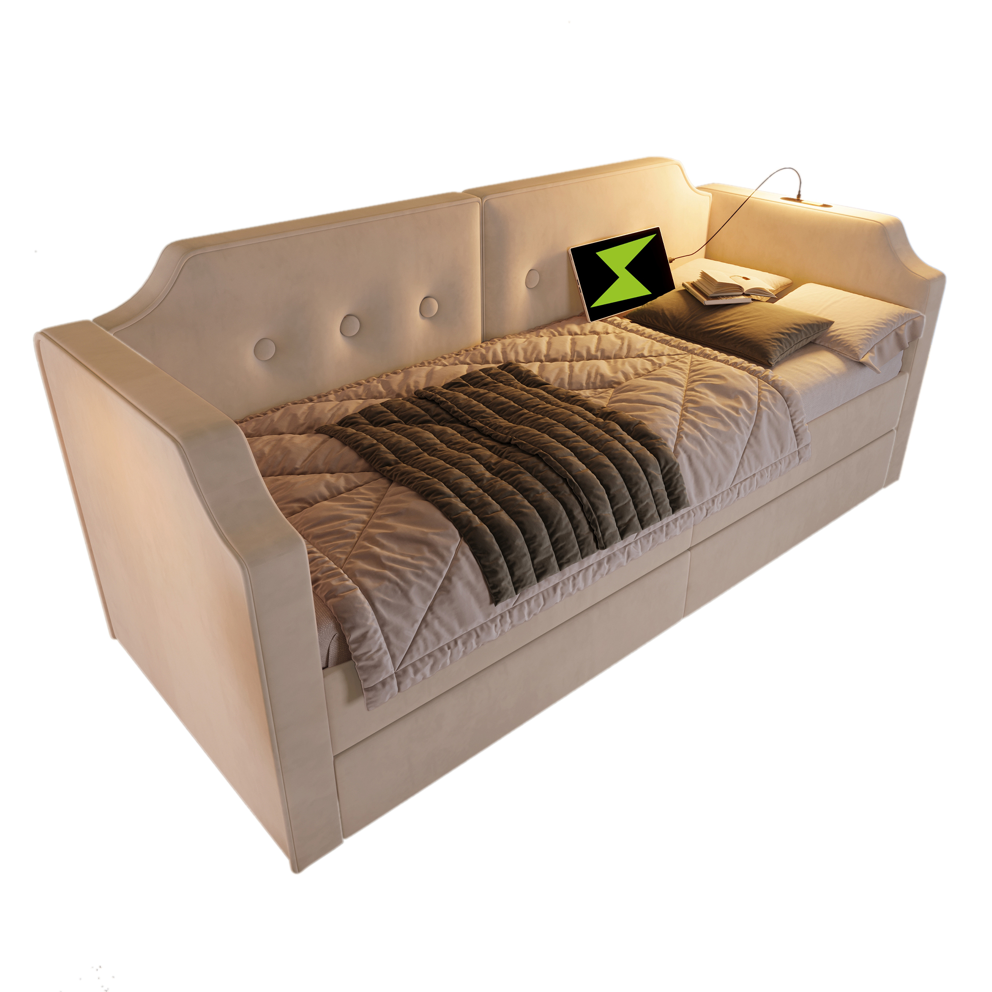 Lit enfant, ports USB, avec tiroirs, 90 x 200 cm, velours, beige - vue 4