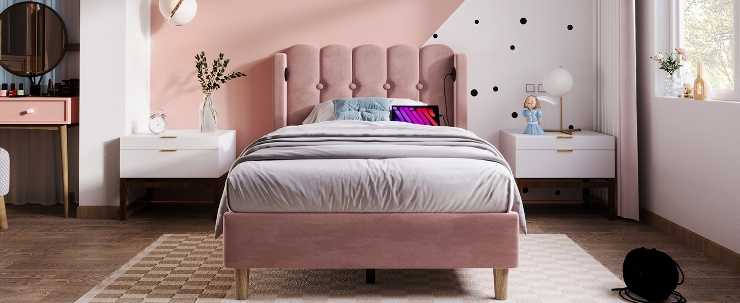 Matelas 406 ressorts + 2 mousses certifiée Oeko-Tex, lit avec tête de lit design panneau en velours rose, style rustique chaleureux, pour chambre, sommeil confortable, couleur rose clair, design élégant - image 16