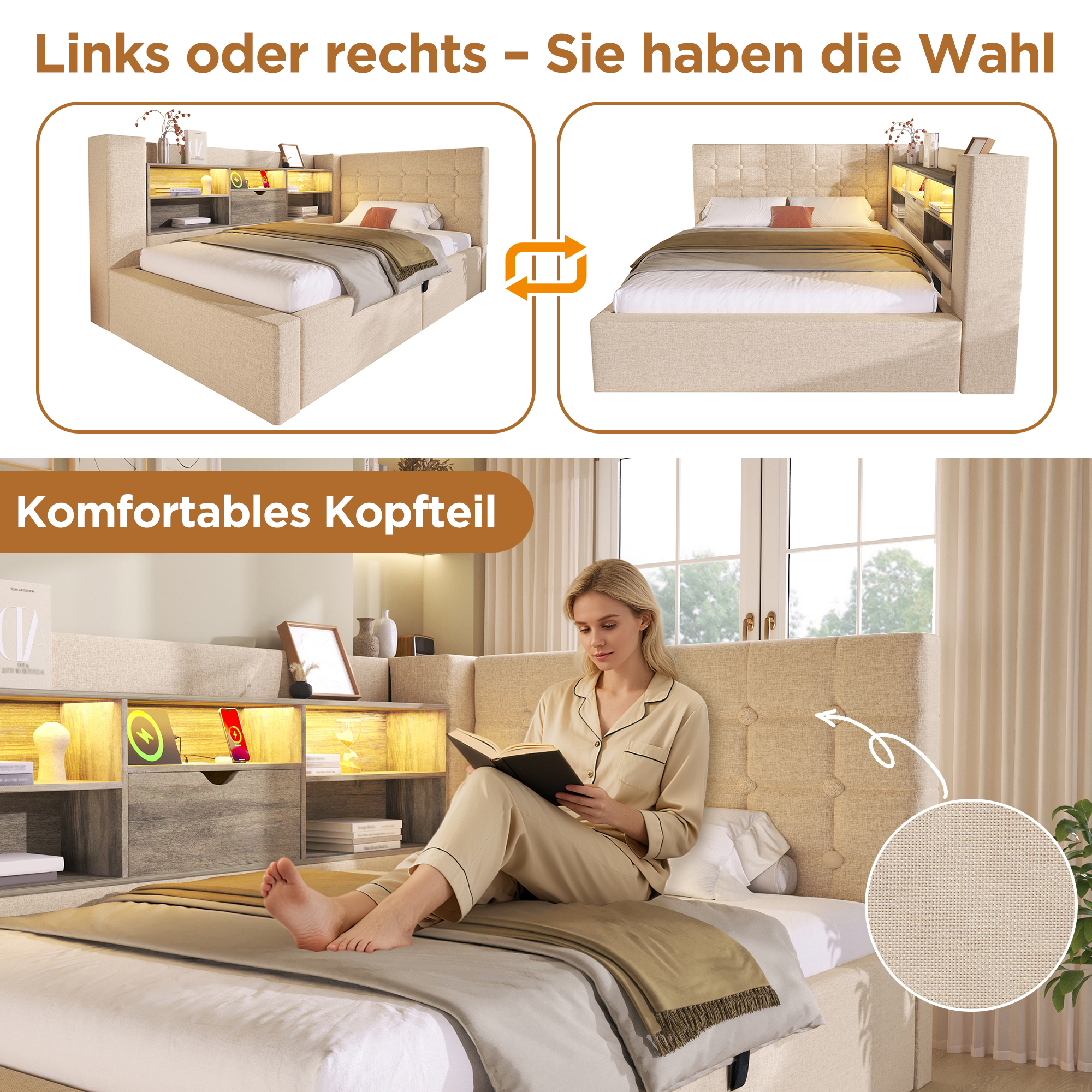 Polsterbett 140x200 cm Doppelbett mit LED-Beleucht