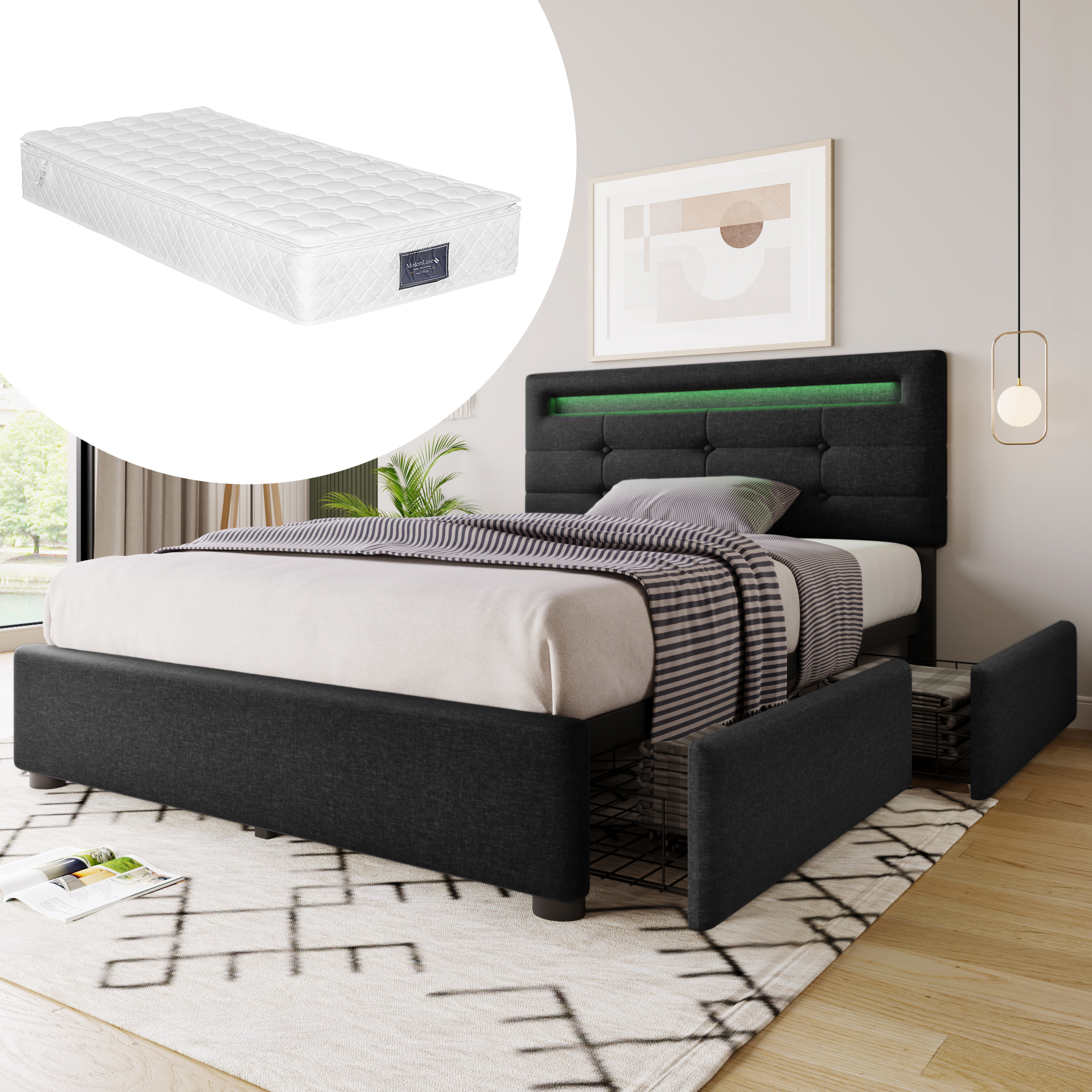 Bettgestell mit LED-Beleuchtung und 2 Schubladen, 