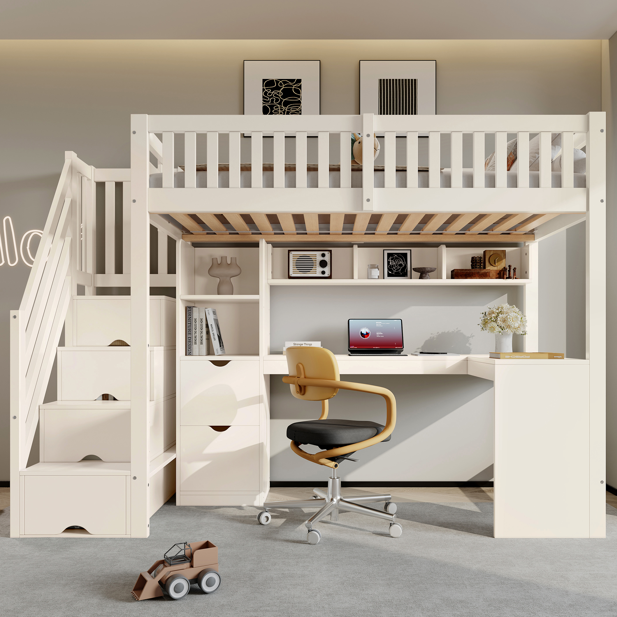 Présentation de Lit mezzanine en bois 90 x 200 cm avec bureau d’angle, escalier avec rangements, tiroirs et barrières de sécurité, Blanc, sans matelas