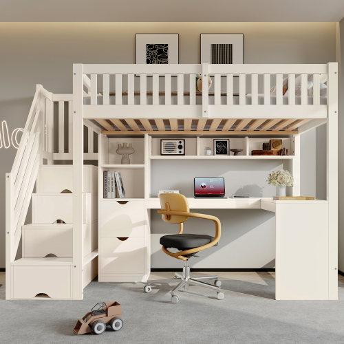 Lit mezzanine blanc avec bureau d’angle et rangements