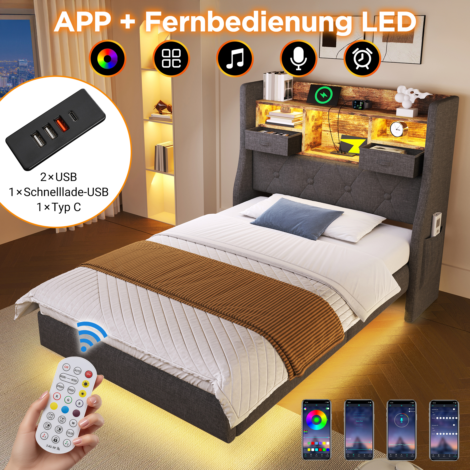 Polsterbett 140x200 cm Schwebebett mit LED-Beleuch