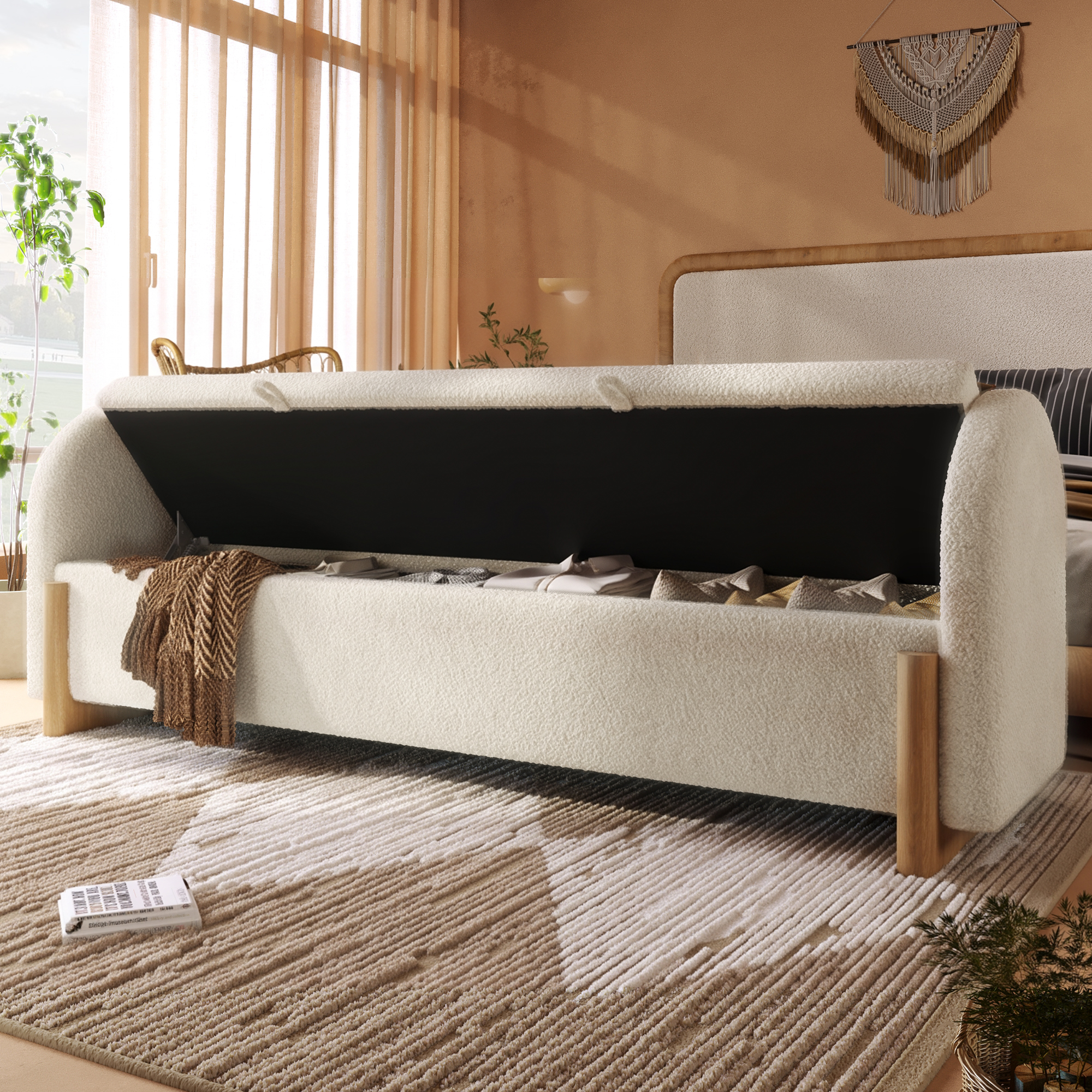 grand espace de rangement sous l’assise pour couvertures oreillers linge