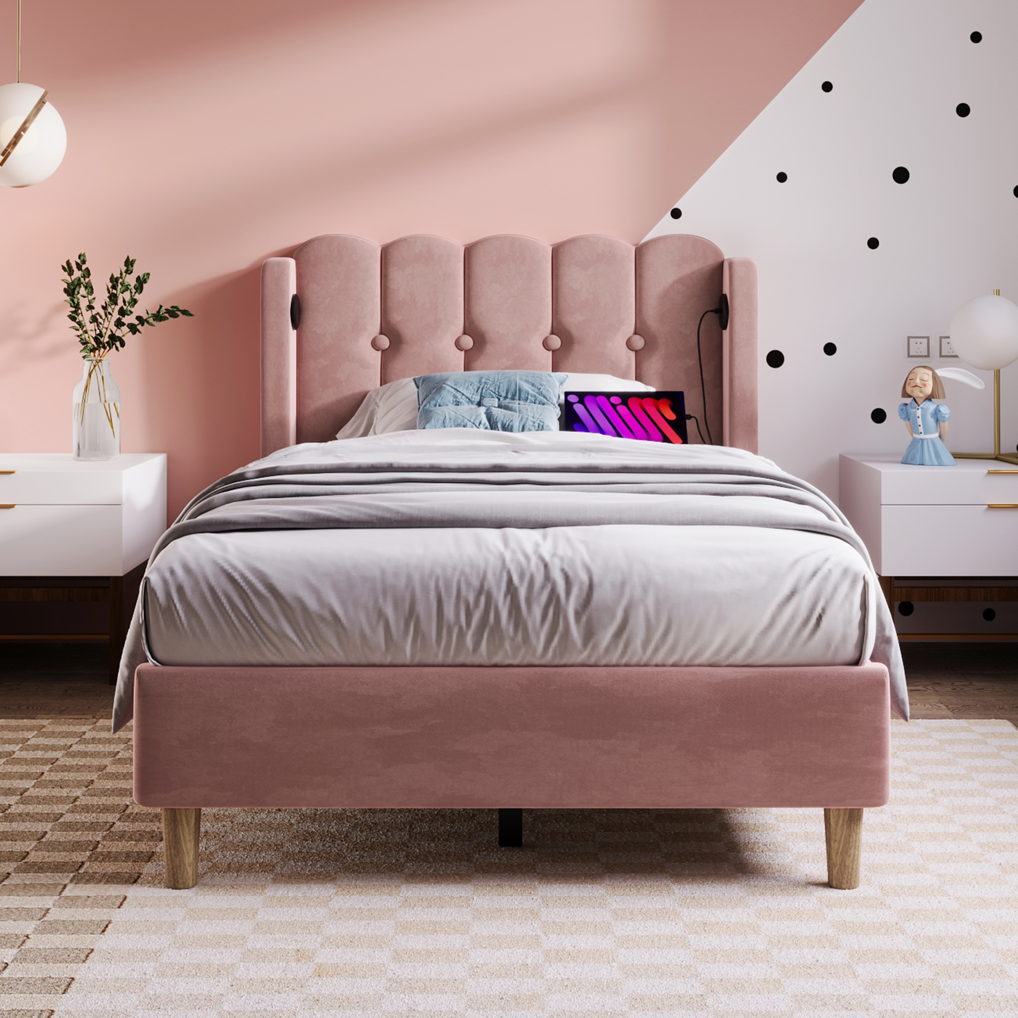 Matelas 406 ressorts + 2 mousses certifiée Oeko-Tex, lit avec tête de lit design panneau en velours rose, style rustique chaleureux, pour chambre, sommeil confortable, couleur rose clair, design élégant - image 5