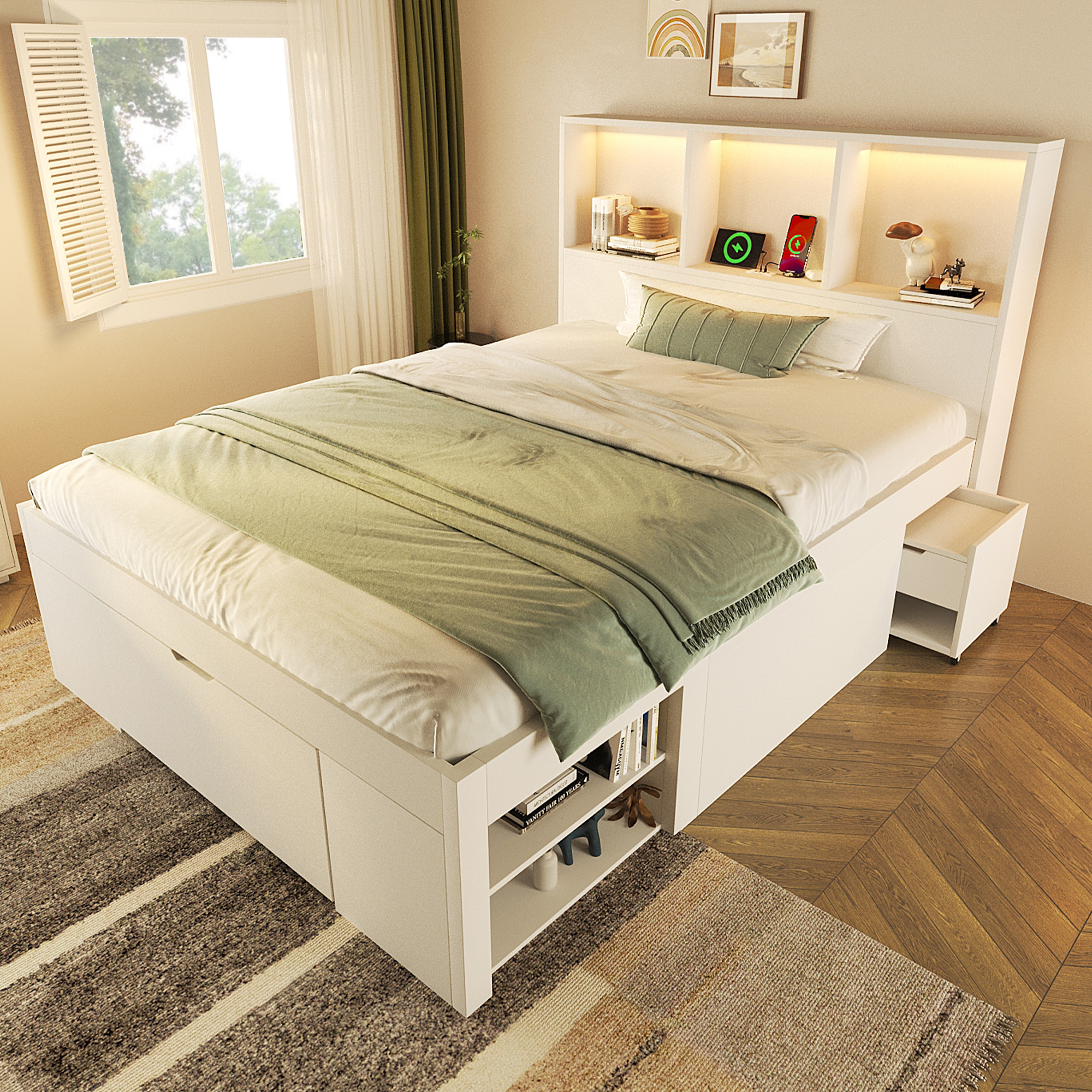 Lit fonctionnel 90x200 blanc matelas inclus