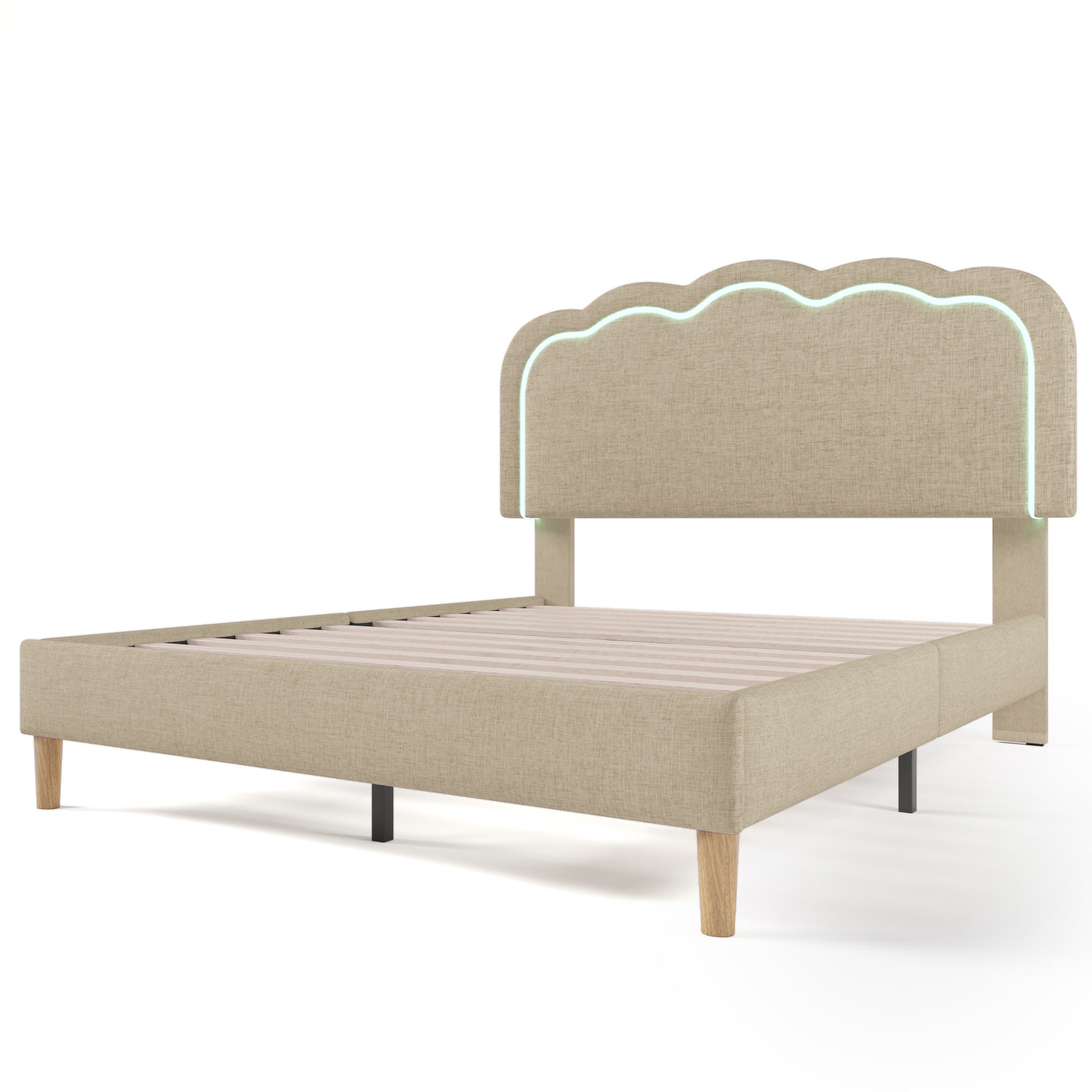 Lit avec tête de lit forme bouffée beige, LED ambiance, hauteur réglable, pour chambre, lumière douce enveloppante, atmosphère chaleureuse, design élégant, couleur beige polyvalente, confort et style moderne - image 1