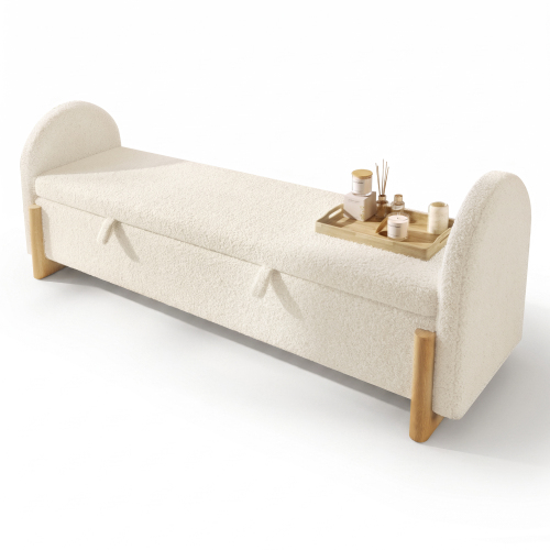 Banquette coffre grand format en tissu bouclé blanc