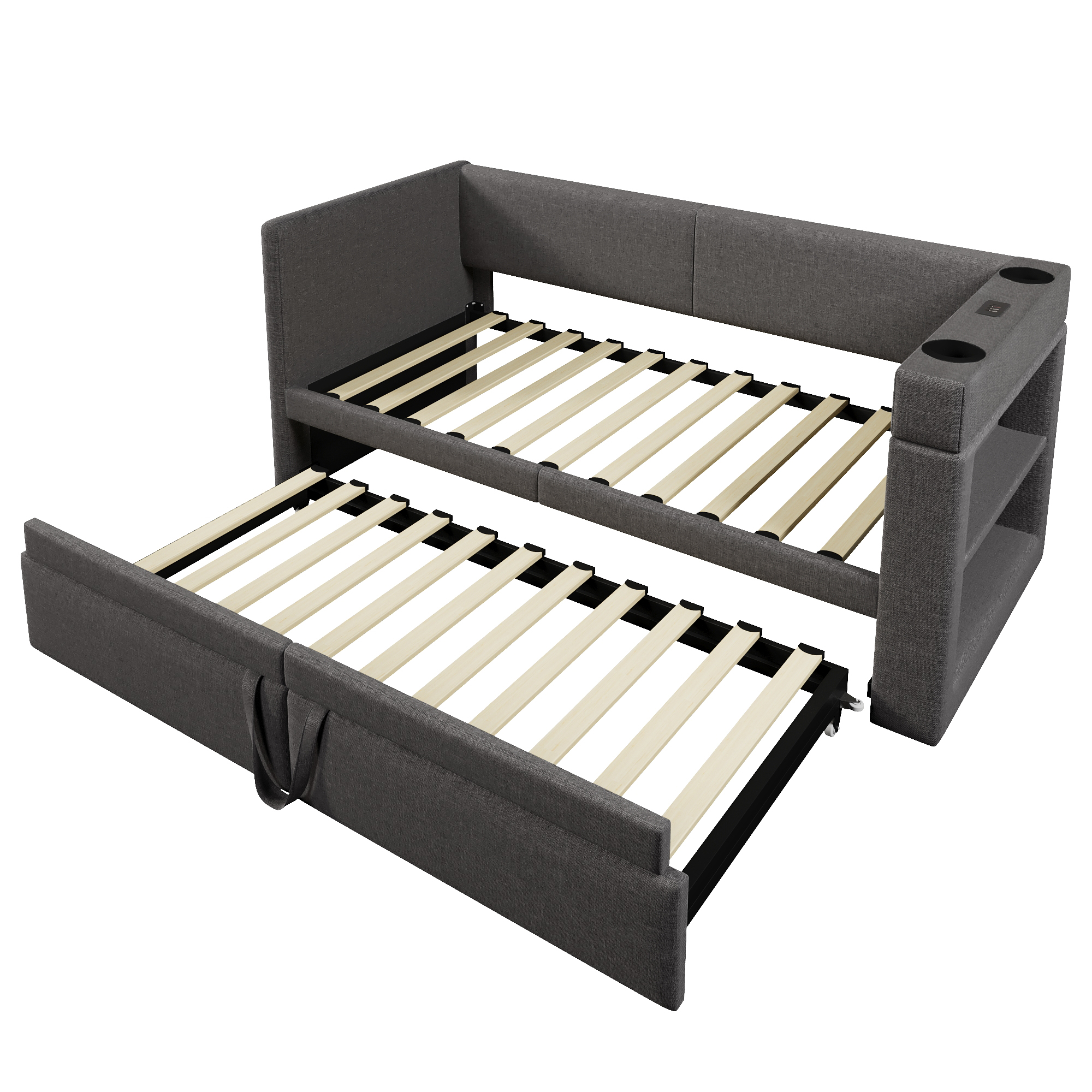 Canapé-lit avec lit escamotable, accoudoirs interchangeables, tissu lin-coton, roulettes et sangles, pour salon et chambre, utilisation flexible, confort toute saison, gain de place, design pratique - image 18