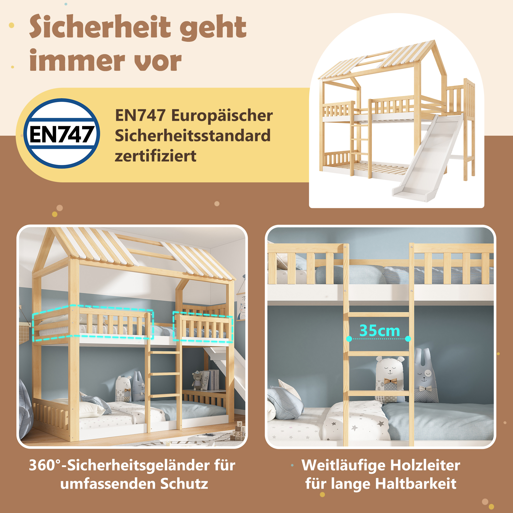 Etagenbett Kinder 90x200 mit Giebeldach Weiß&Natur