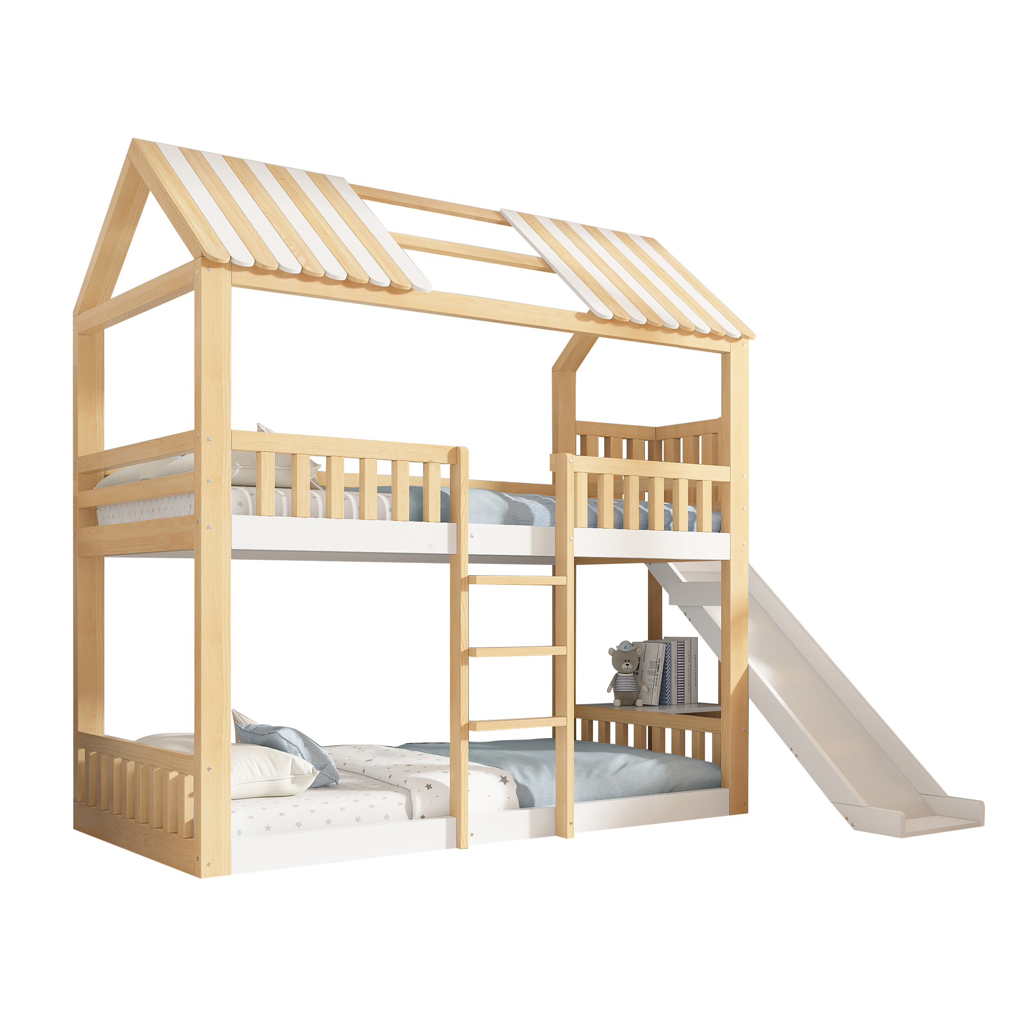Lit mezzanine 90 x 200 cm avec éclairage LED, port USB / Type-C, rangements intégrés, naturel et blanc - points forts 1
