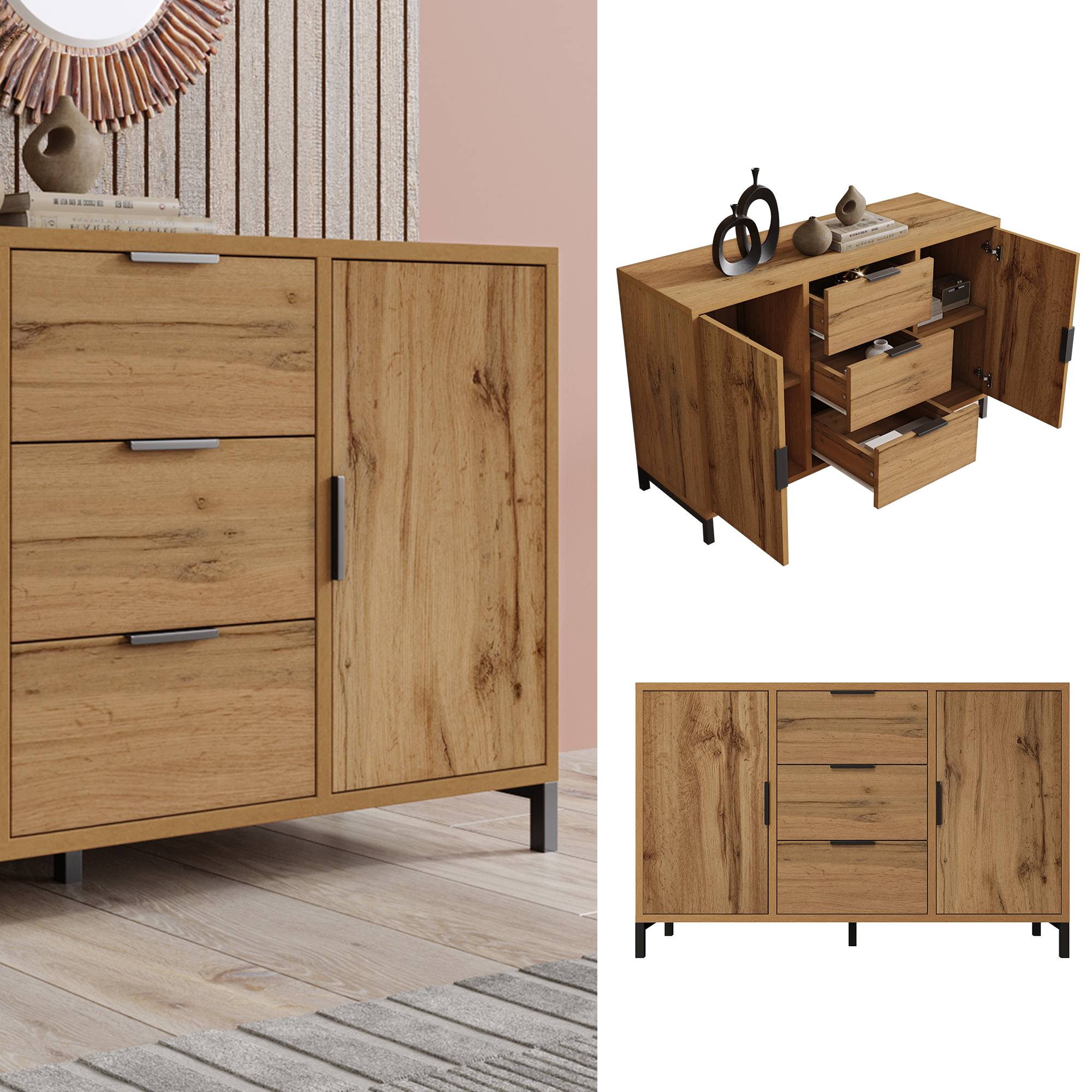 Commode, avec tiroirs, 120 x 40 x 76 cm, panneaux de particules, chêne - vue 1