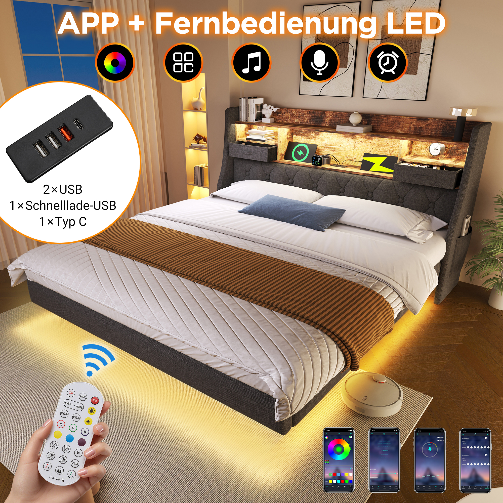 Polsterbett 180x200 cm Schwebebett mit LED-Beleuch