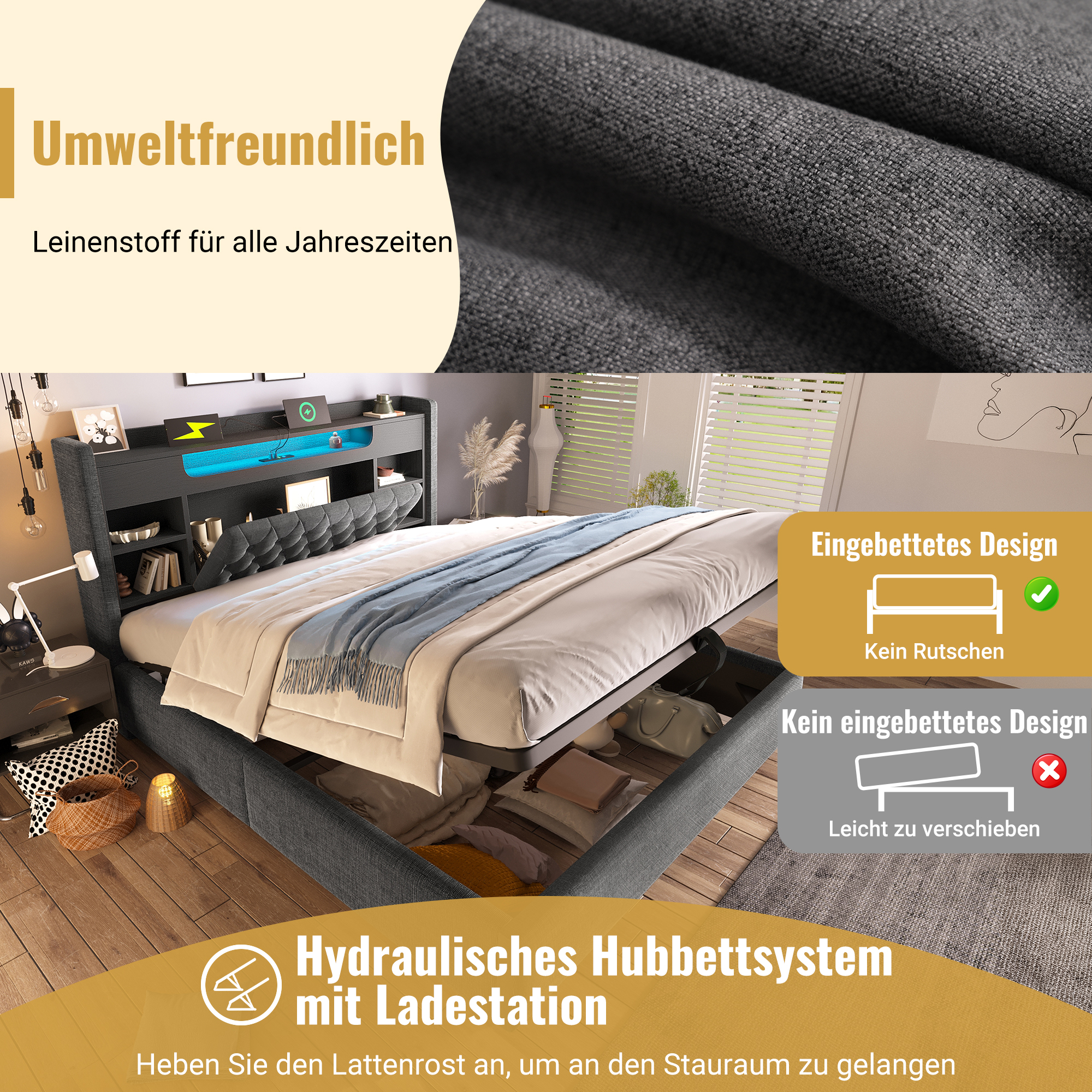 Lit rembourré 140 x 200 cm avec éclairage LED, port USB / Type-C, rangements intégrés, rangement hydraulique, gris - spécifications 1