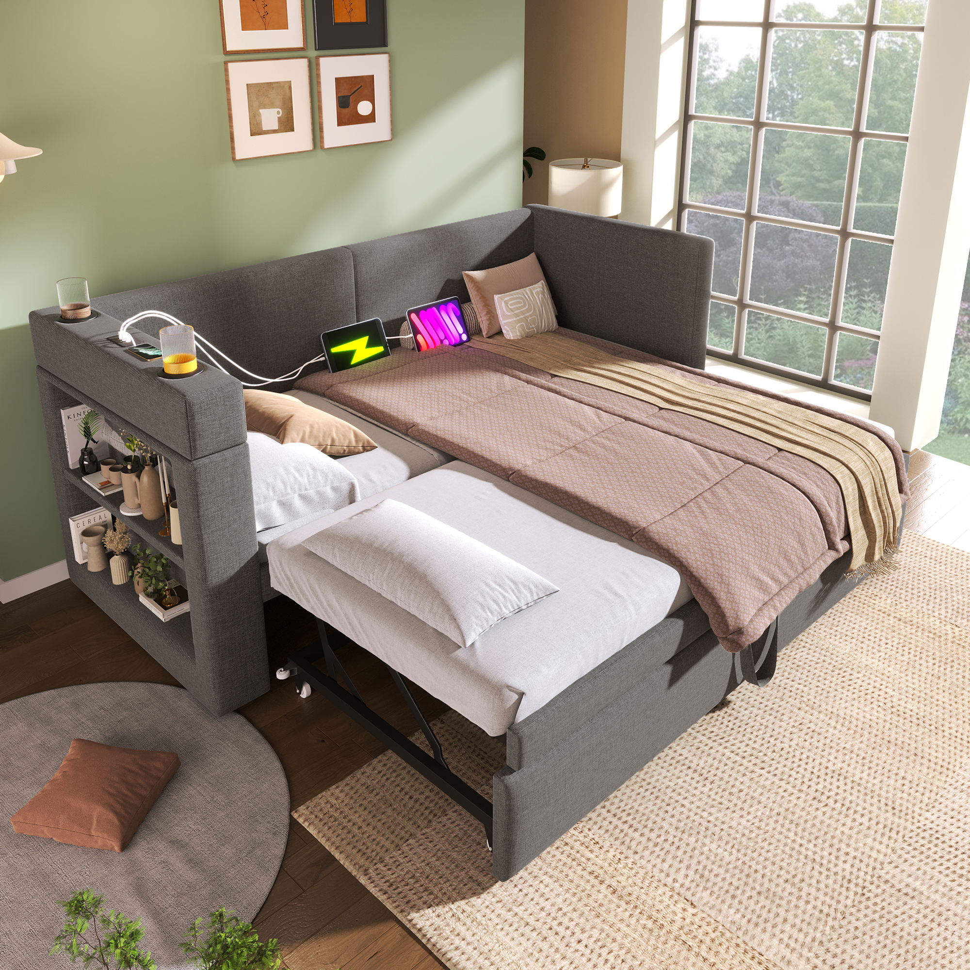 Canapé-lit avec lit escamotable, accoudoirs interchangeables, tissu lin-coton, roulettes et sangles, pour salon et chambre, utilisation flexible, confort toute saison, gain de place, design pratique - image 6