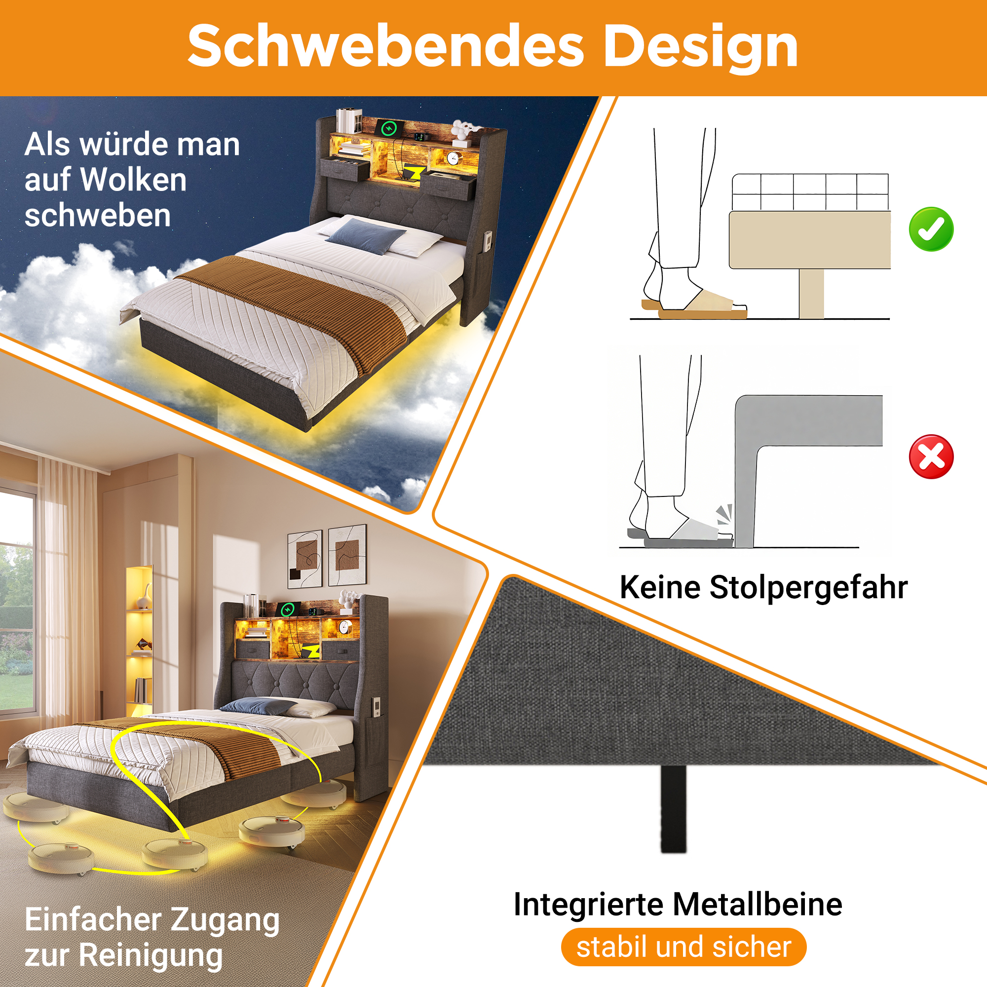 Polsterbett 90x200 cm Schwebebett mit LED-Beleucht