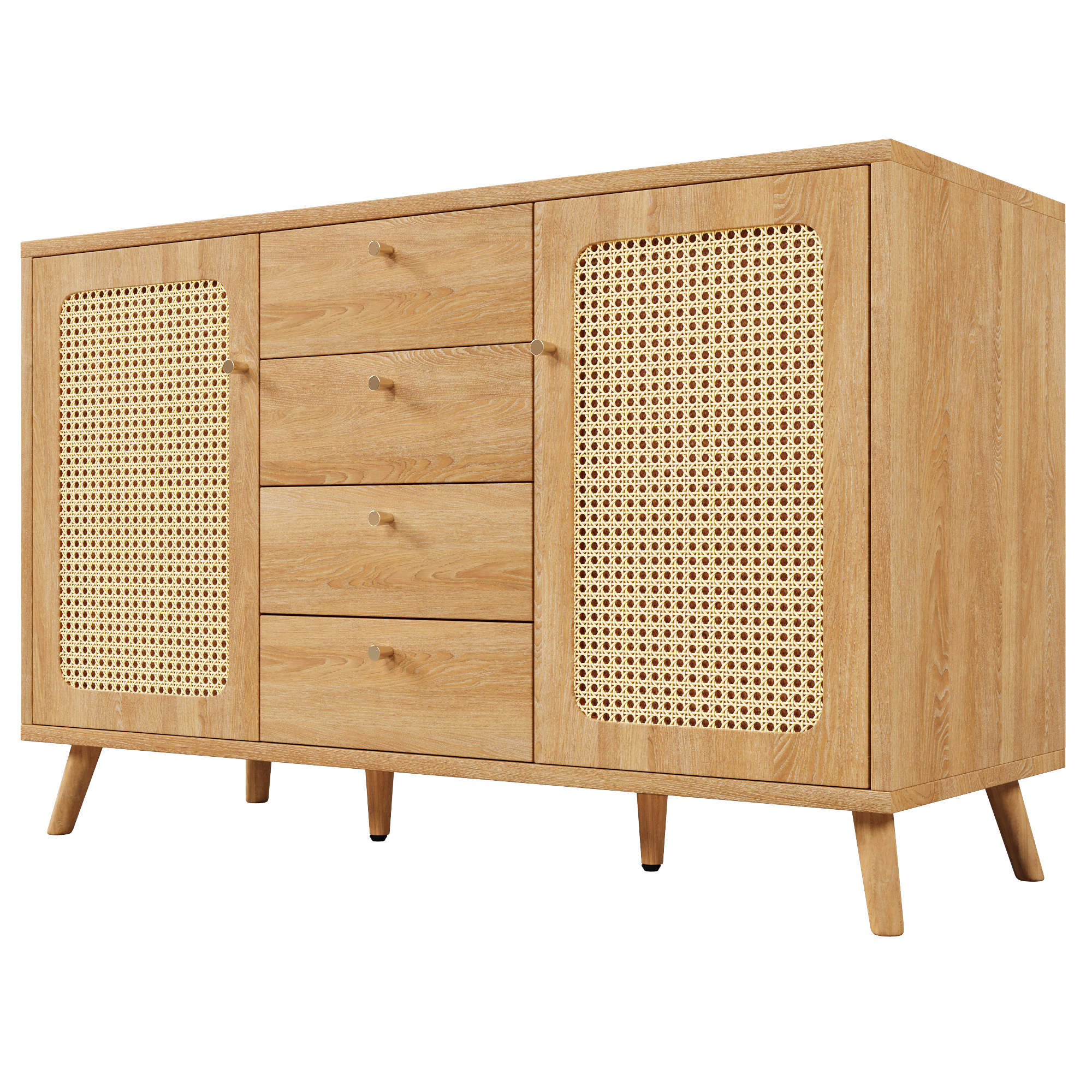 Buffet bas 140 cm, meuble de rangement avec 2 portes, 4 tiroirs, étagères réglables, façades effet cannage, panneaux de particules et MDF, Effet chêne