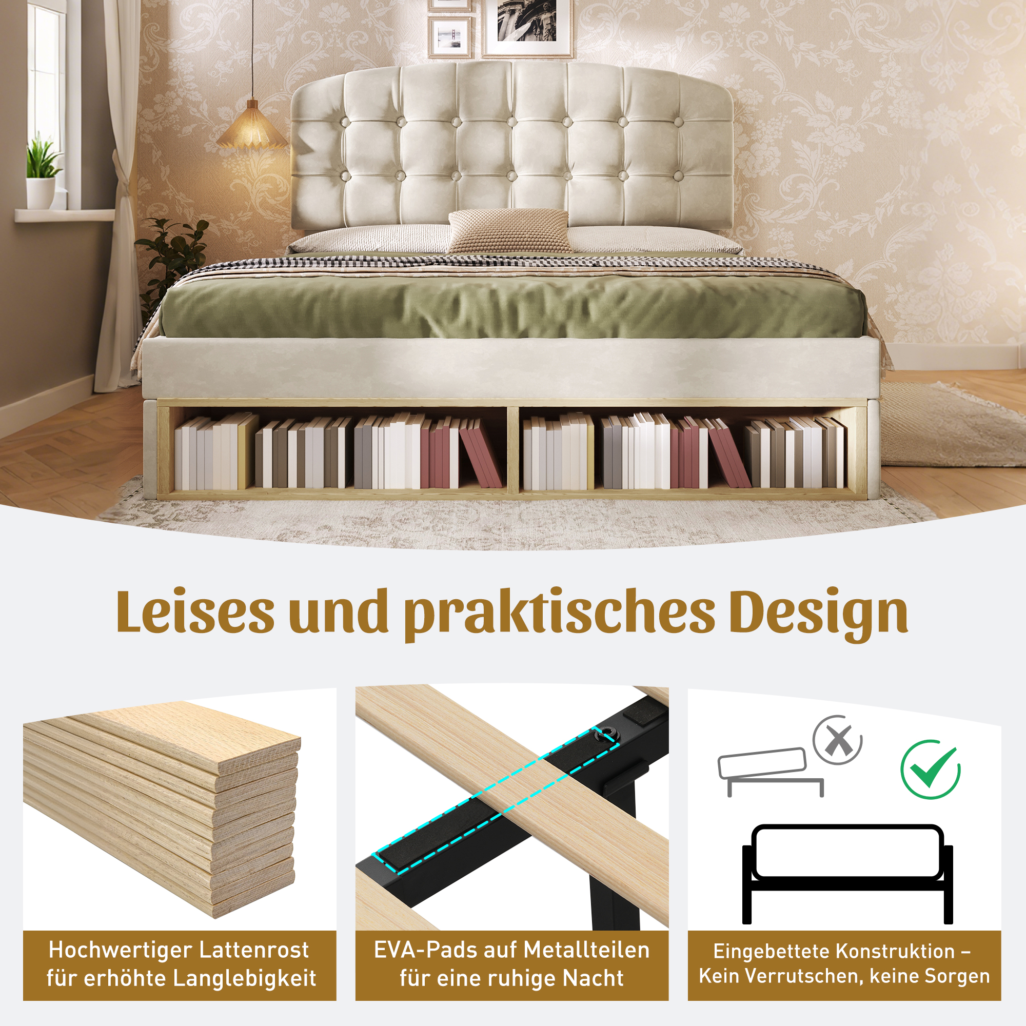 Doppelbett 140x200 Polsterbett Samt Beige mit Latt
