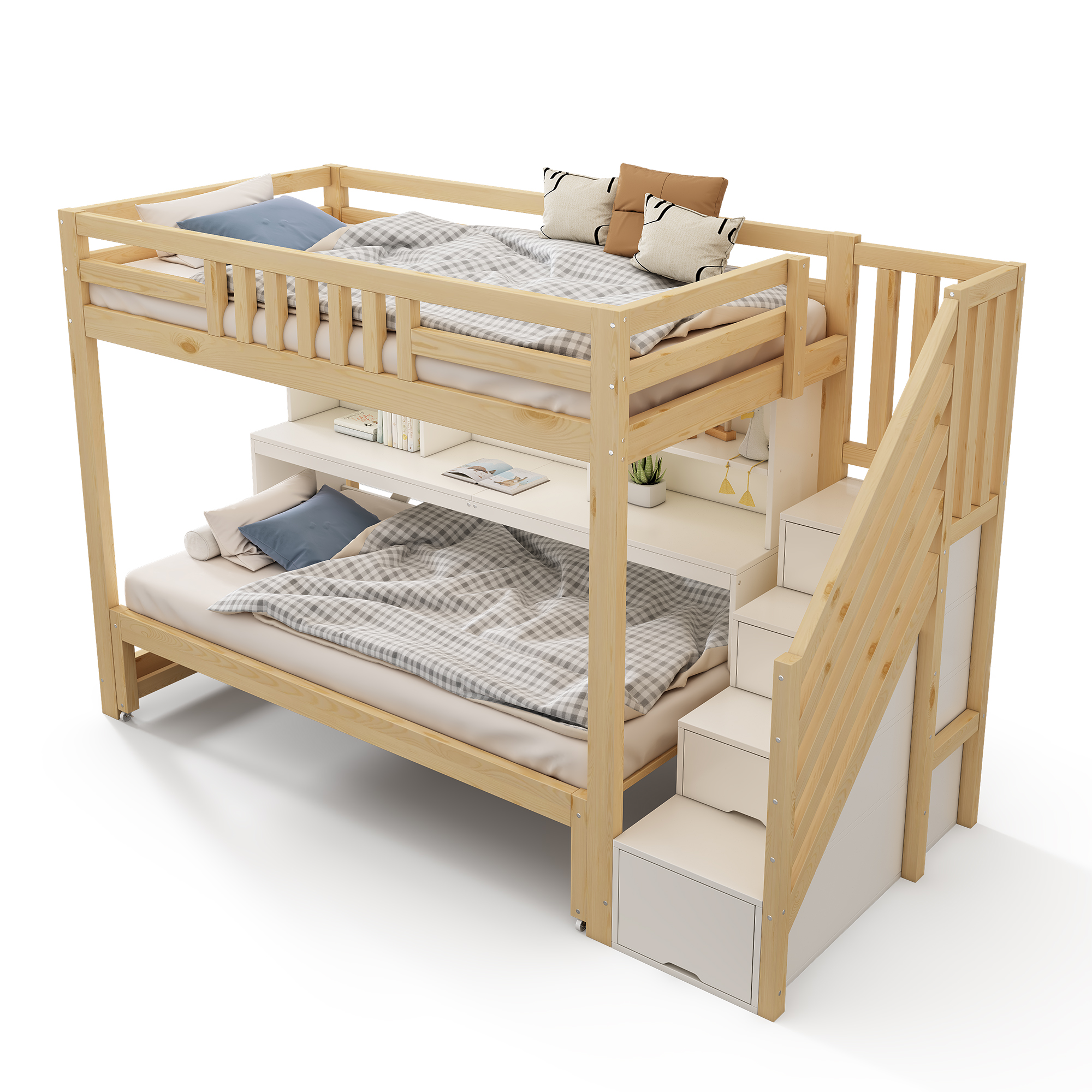 Présentation de Lit superposé en bois 90 x 200 cm + 90 x 190 cm avec lit gigogne, bureau mobile, escalier avec rangements et espace inférieur ouvert