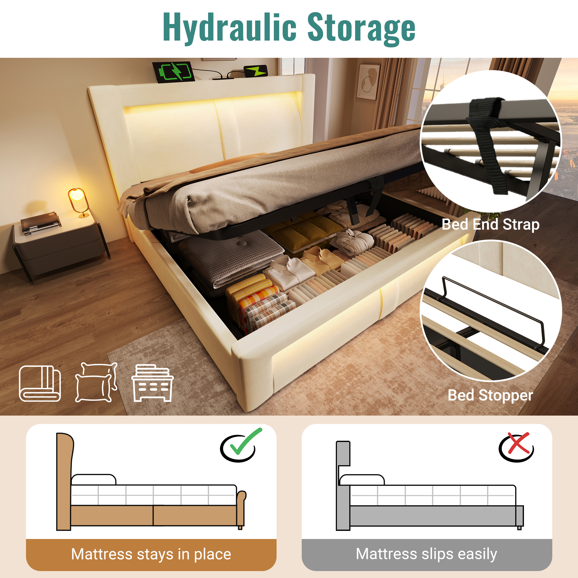 Présentation de Lit coffre rembourré en velours 180 x 200 cm avec rangement hydraulique, LED, ports USB-C et sommier à lattes, Beige, sans matelas