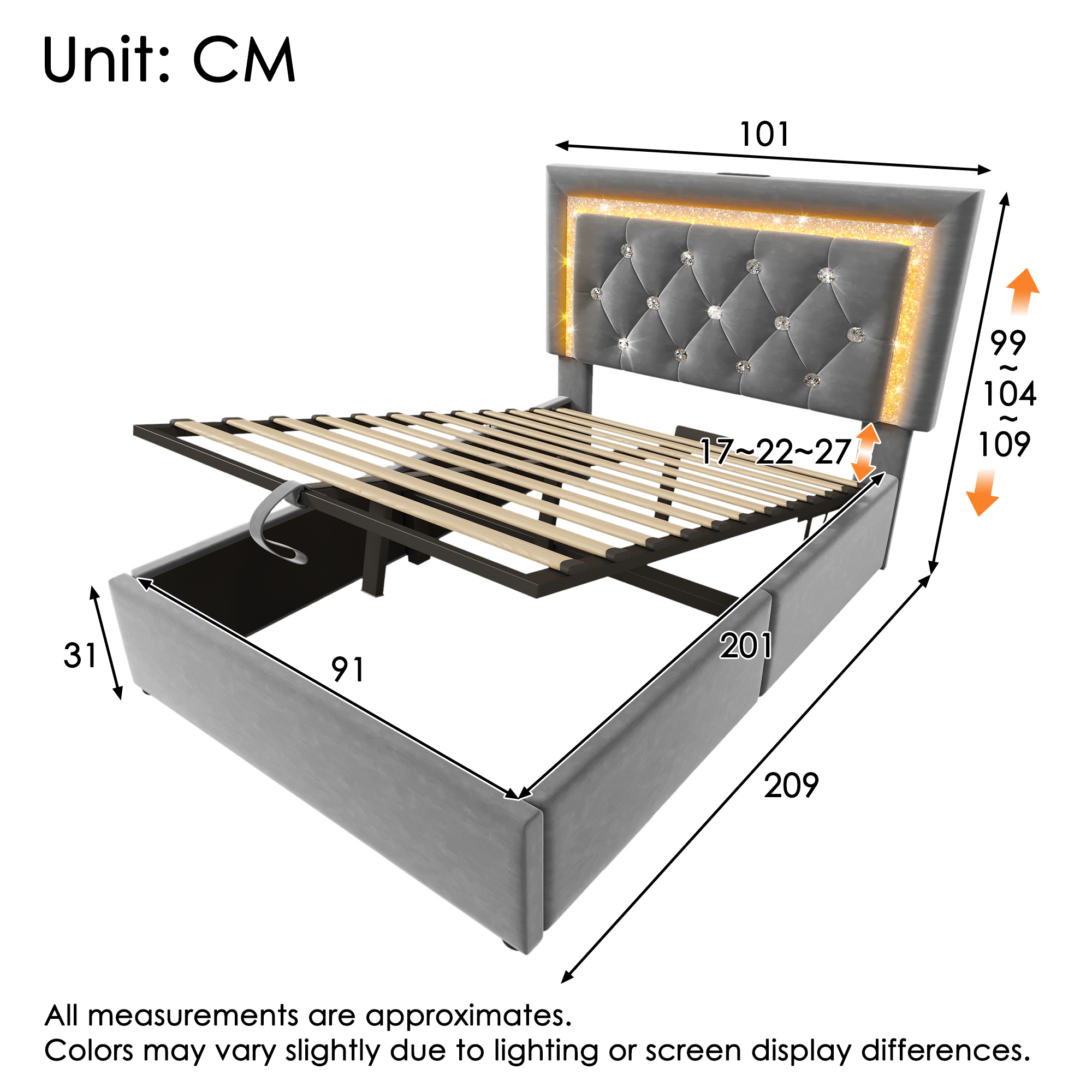 Polsterbett 90x200 cm Samt Einzelbett mit LED-Diam