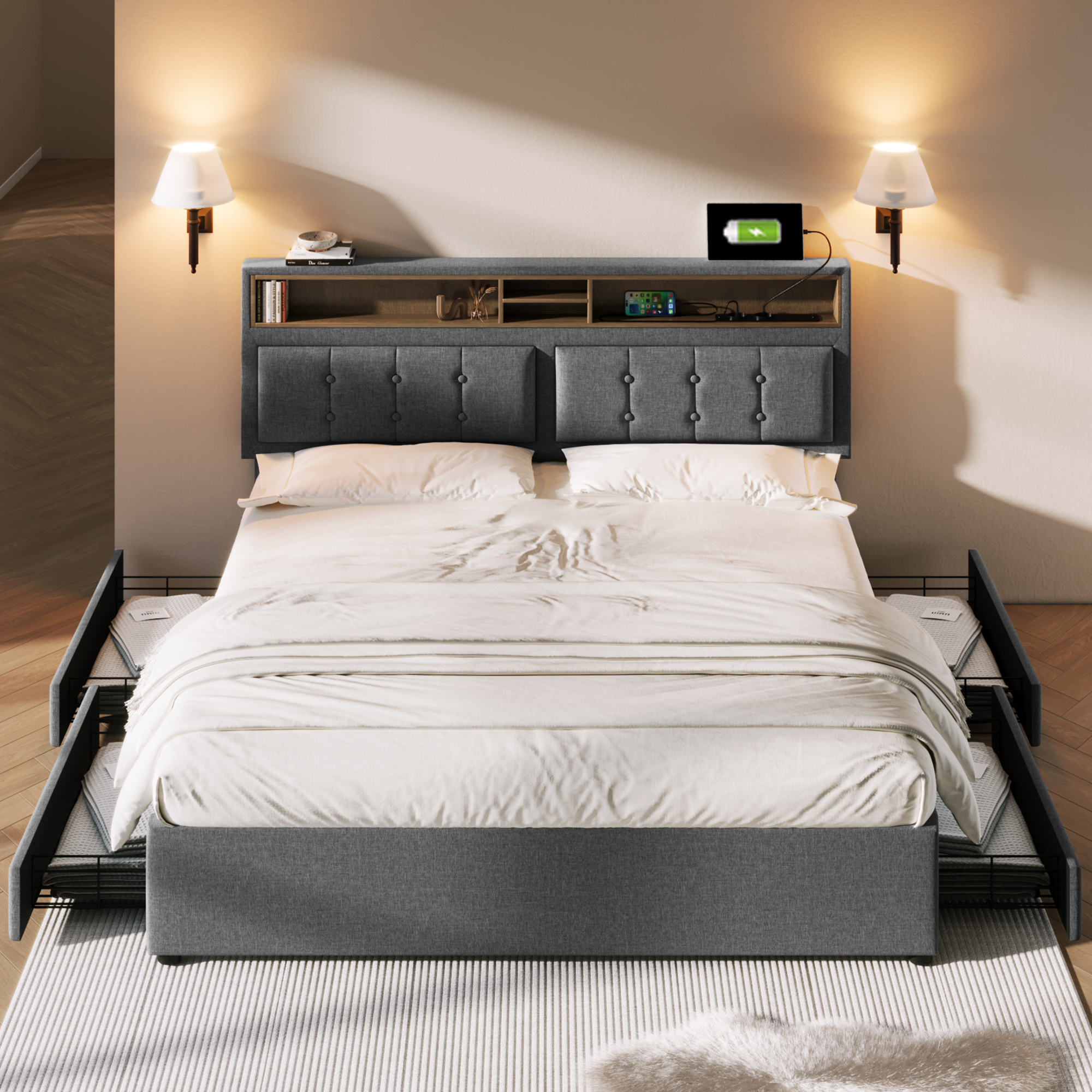 Doppelbett mit  4 Schubladen& USB C Steckdose, Pol
