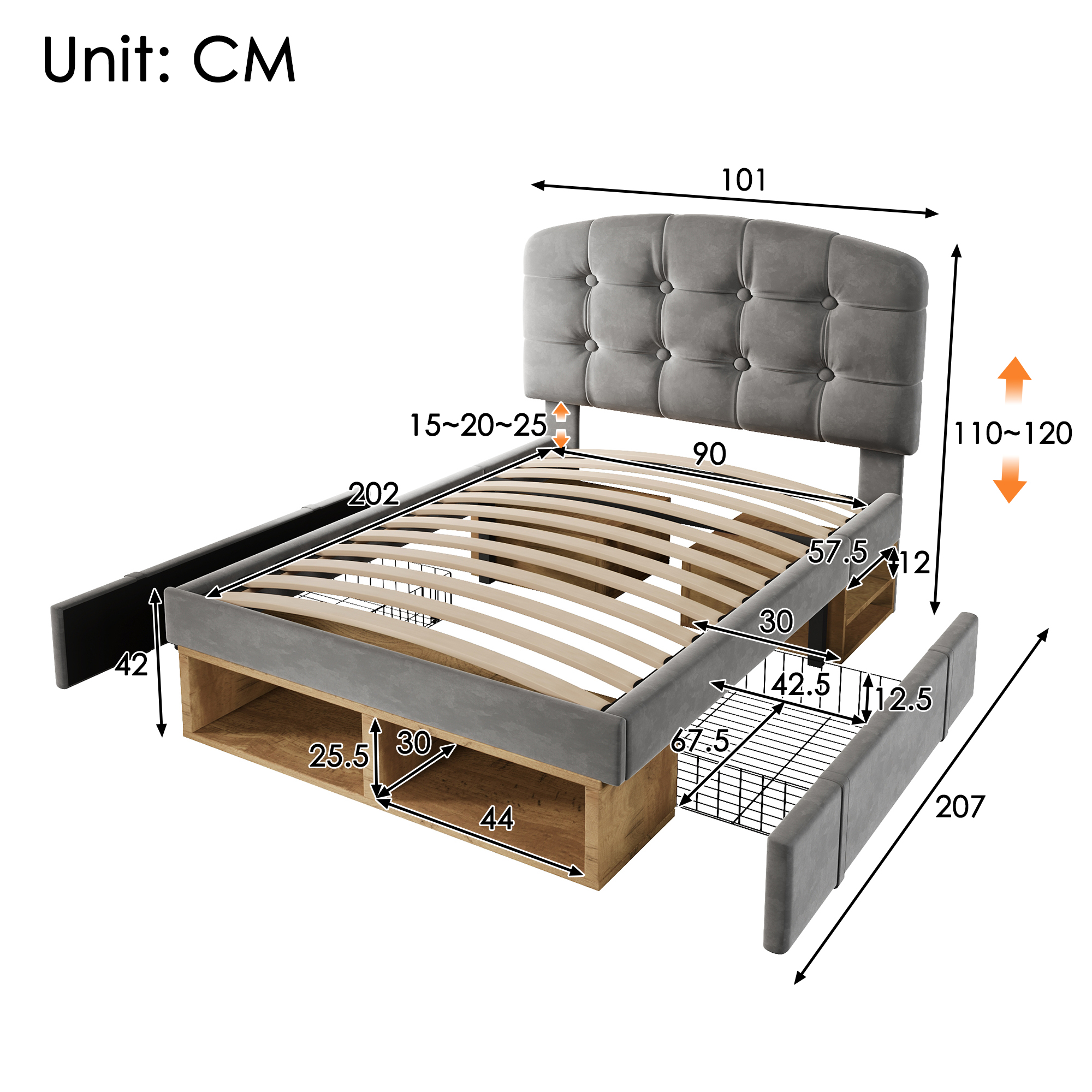 Einzelbett 90x200 Polsterbett Samt Grau mit Latten