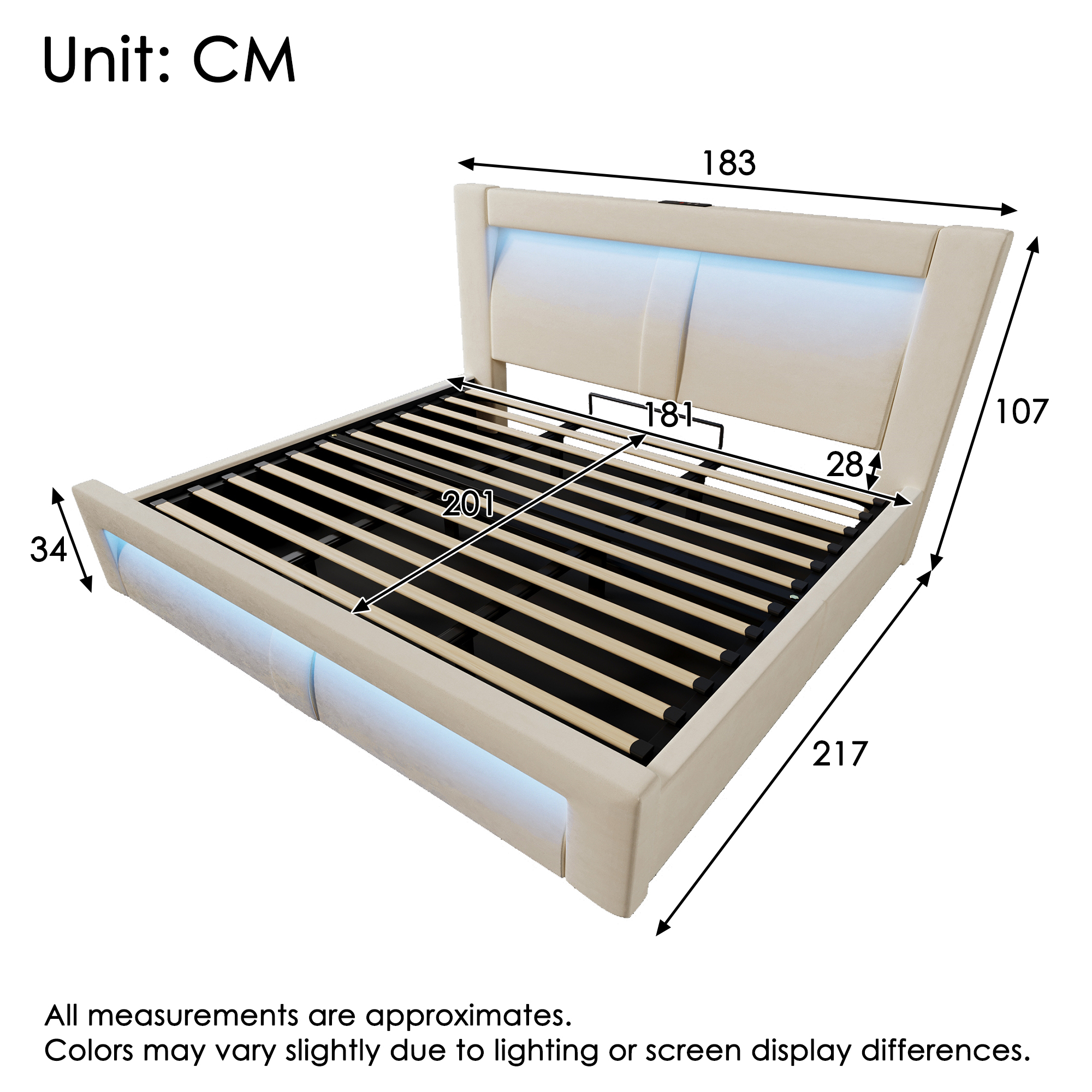 Dimensions et fonctions de Lit coffre rembourré en velours 180 x 200 cm avec rangement hydraulique, LED, ports USB-C et sommier à lattes, Beige, sans matelas
