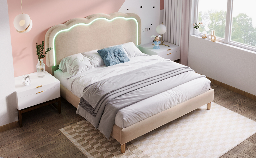 Lit avec tête de lit forme bouffée beige, LED ambiance, hauteur réglable, pour chambre, lumière douce enveloppante, atmosphère chaleureuse, design élégant, couleur beige polyvalente, confort et style moderne - image 17