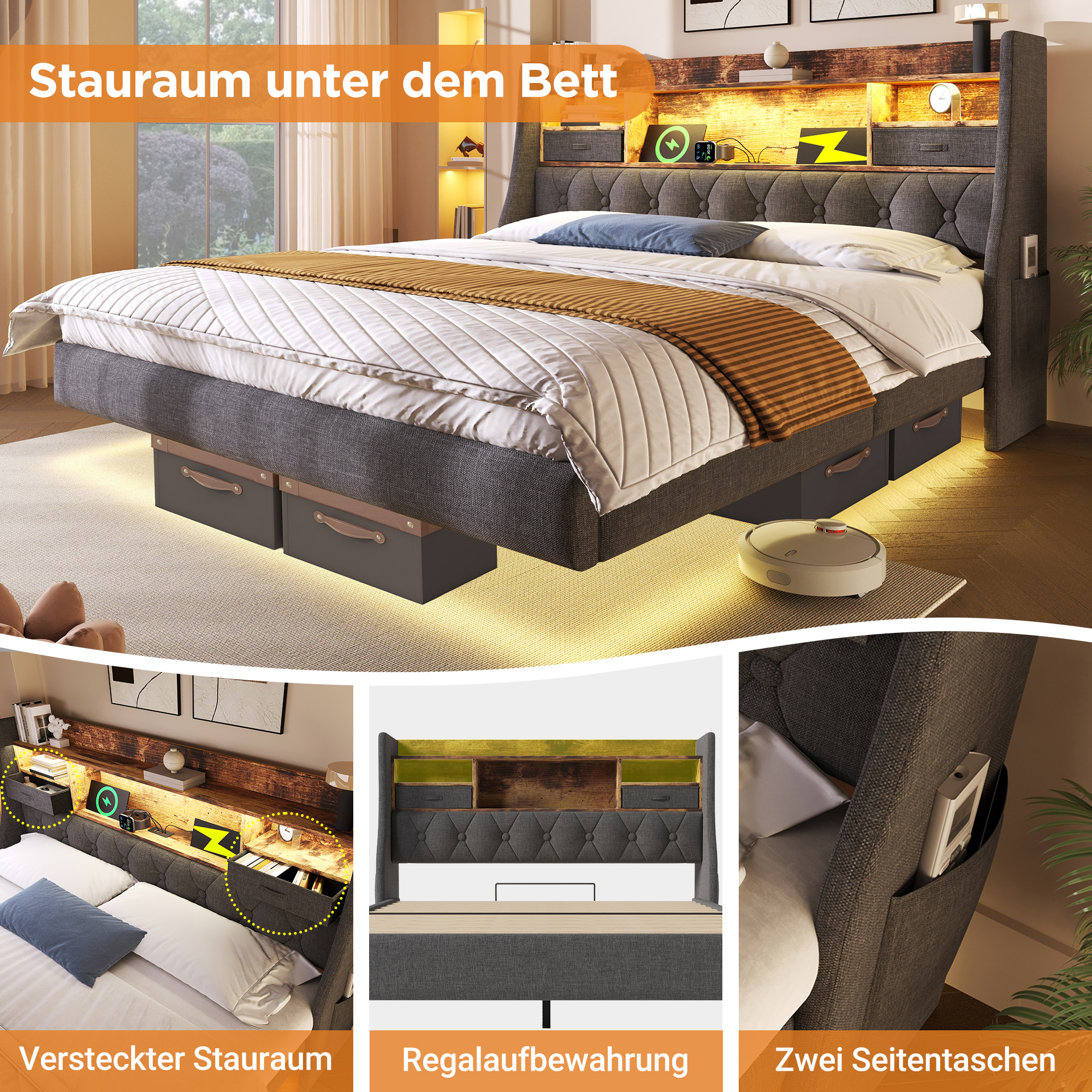 Polsterbett 160x200 cm Schwebebett mit LED-Beleuch