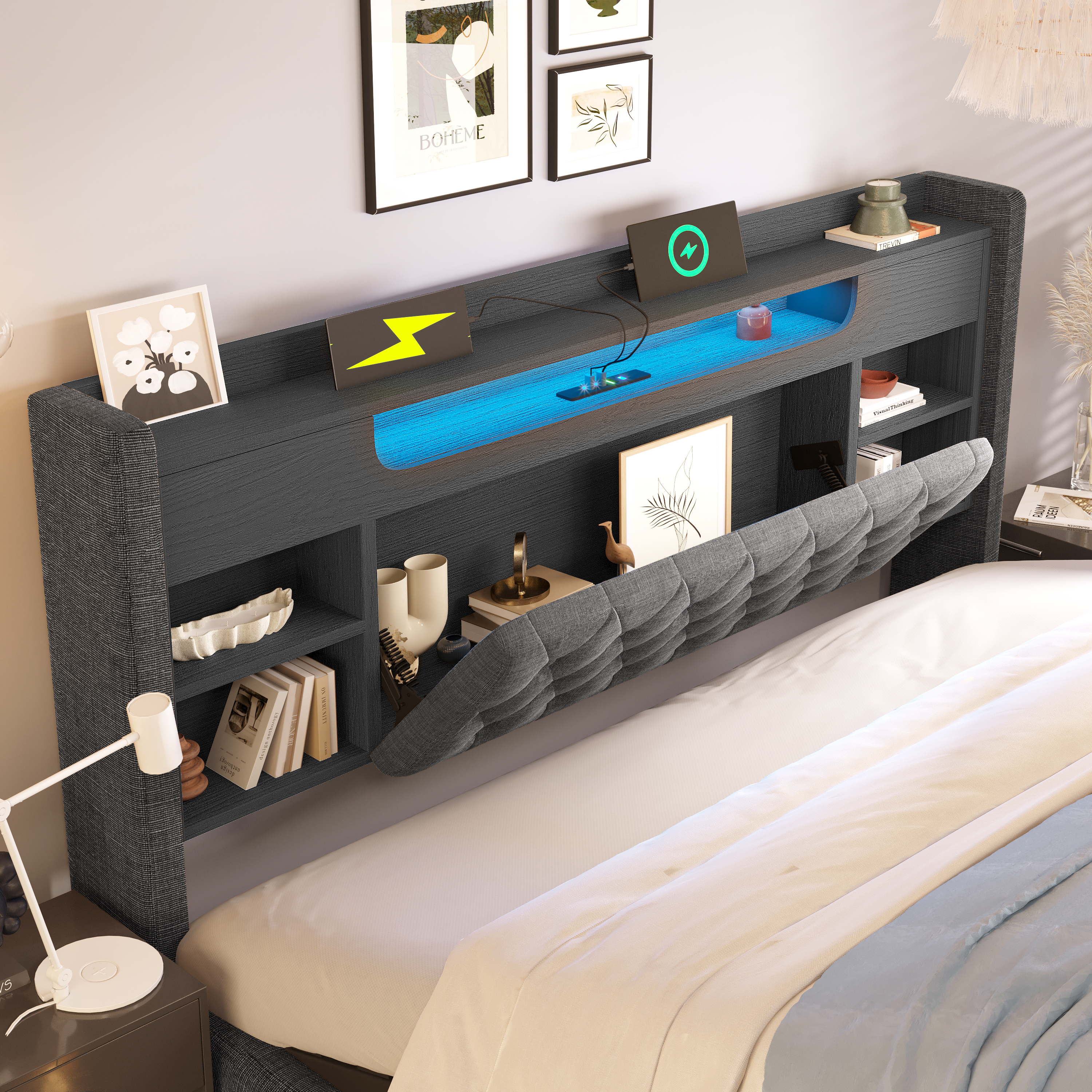 Lit rembourré 140 x 200 cm avec éclairage LED, port USB / Type-C, rangements intégrés, rangement hydraulique, gris - présentation 1