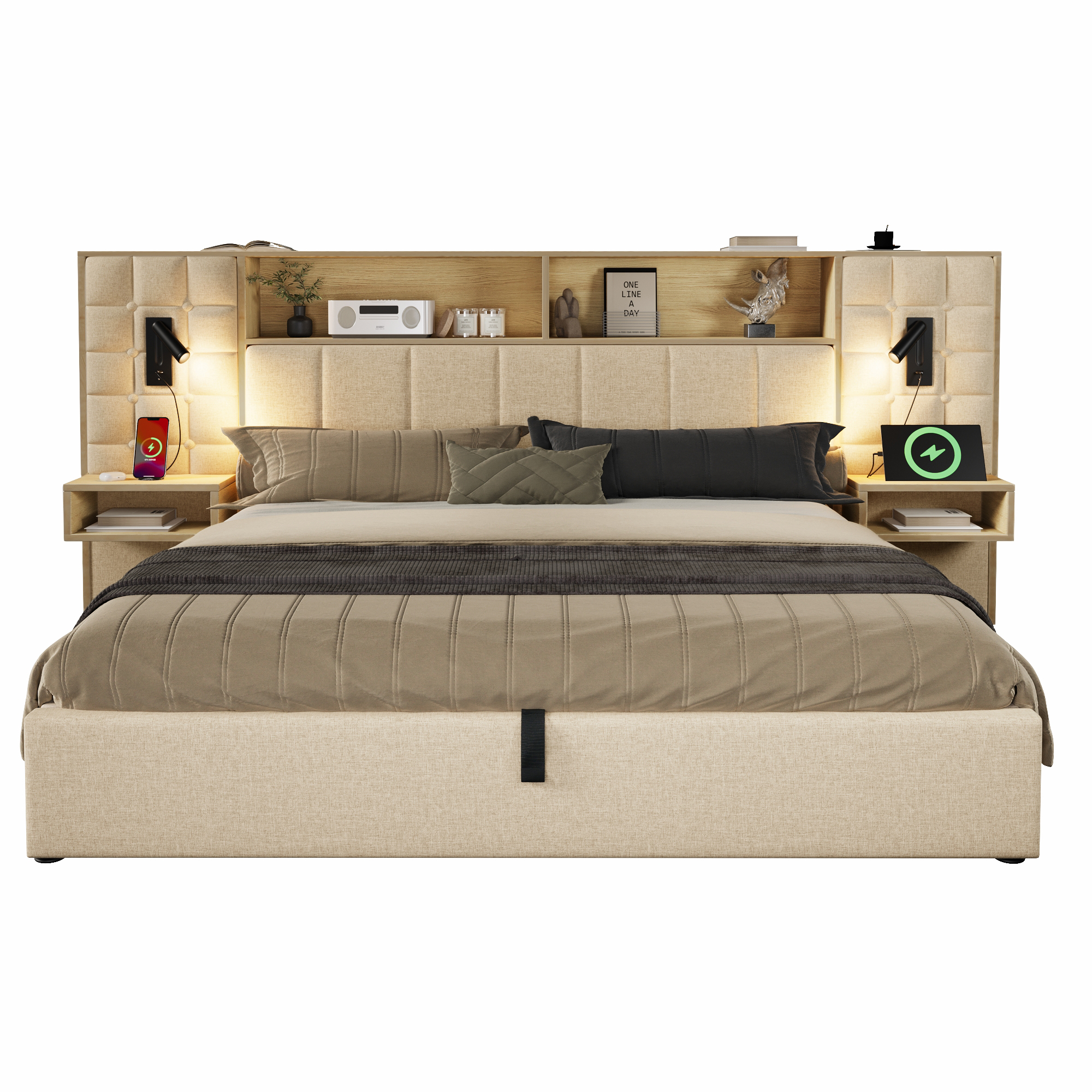 Lit coffre beige avec chevets suspendus