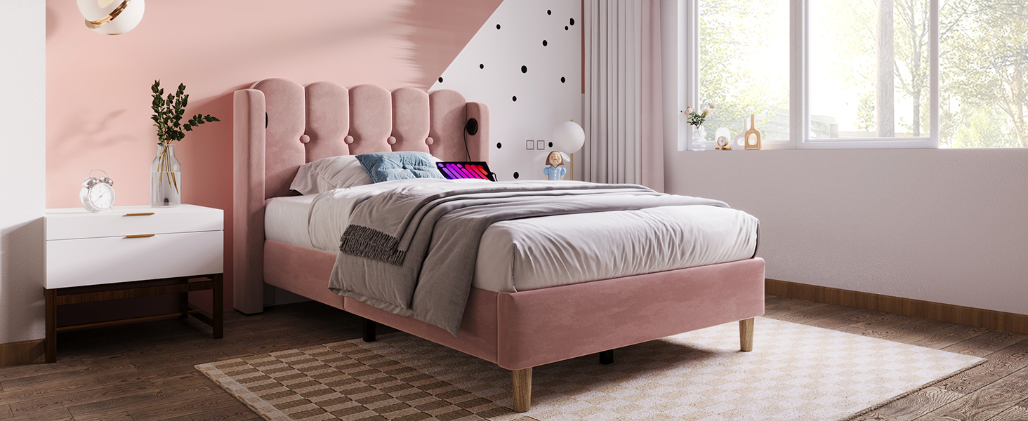 Matelas 406 ressorts + 2 mousses certifiée Oeko-Tex, lit avec tête de lit design panneau en velours rose, style rustique chaleureux, pour chambre, sommeil confortable, couleur rose clair, design élégant - image 18