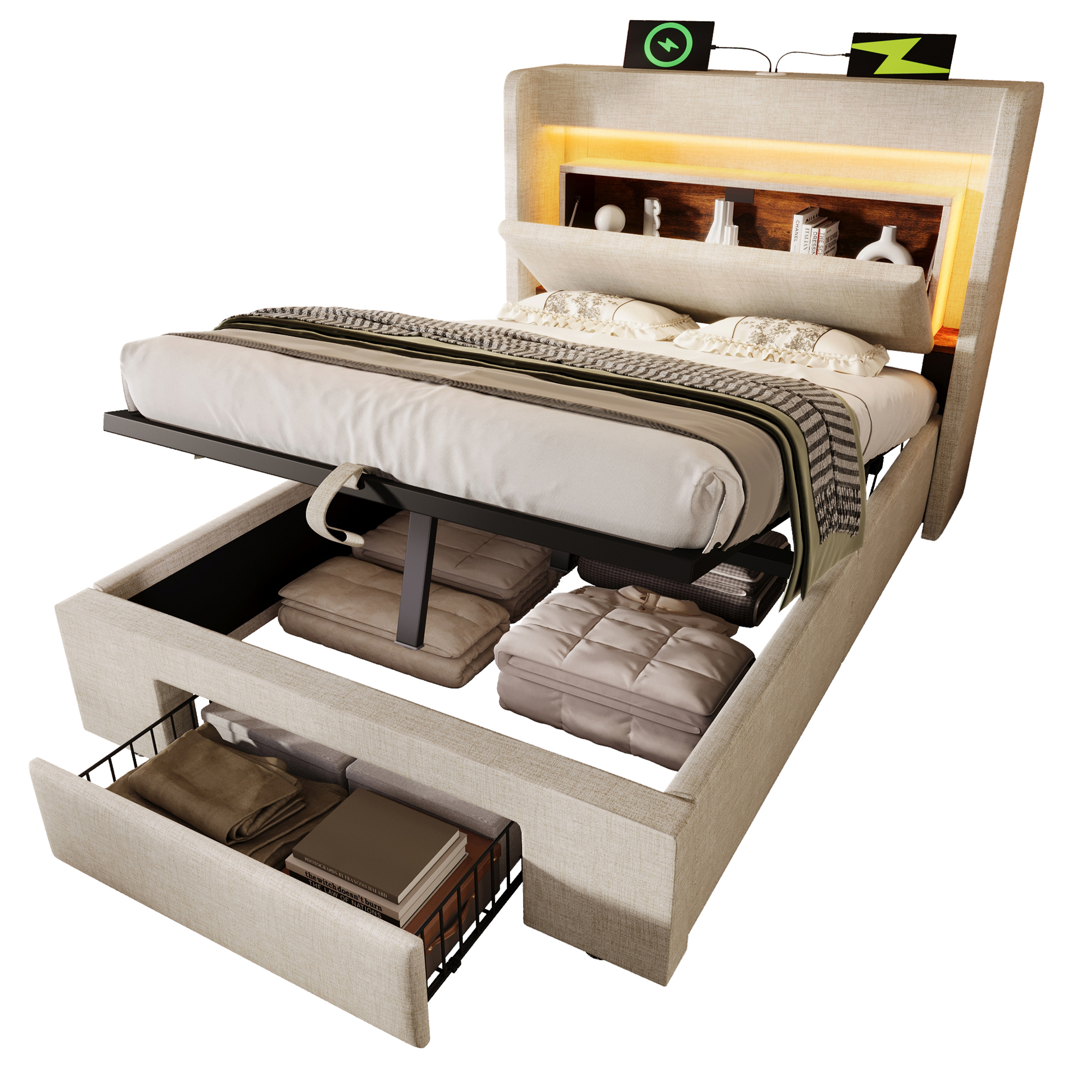 Lit capitonné beige dans une chambre moderne