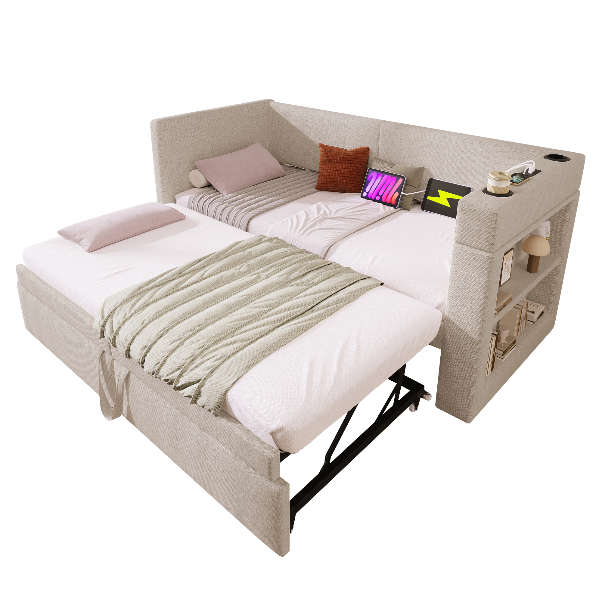 Canapé-lit escamotable, accoudoirs interchangeables, tissu lin-coton, roulettes et sangles, pour salon et chambre, utilisation flexible, confort toute saison, gain de place, design pratique moderne - image 19